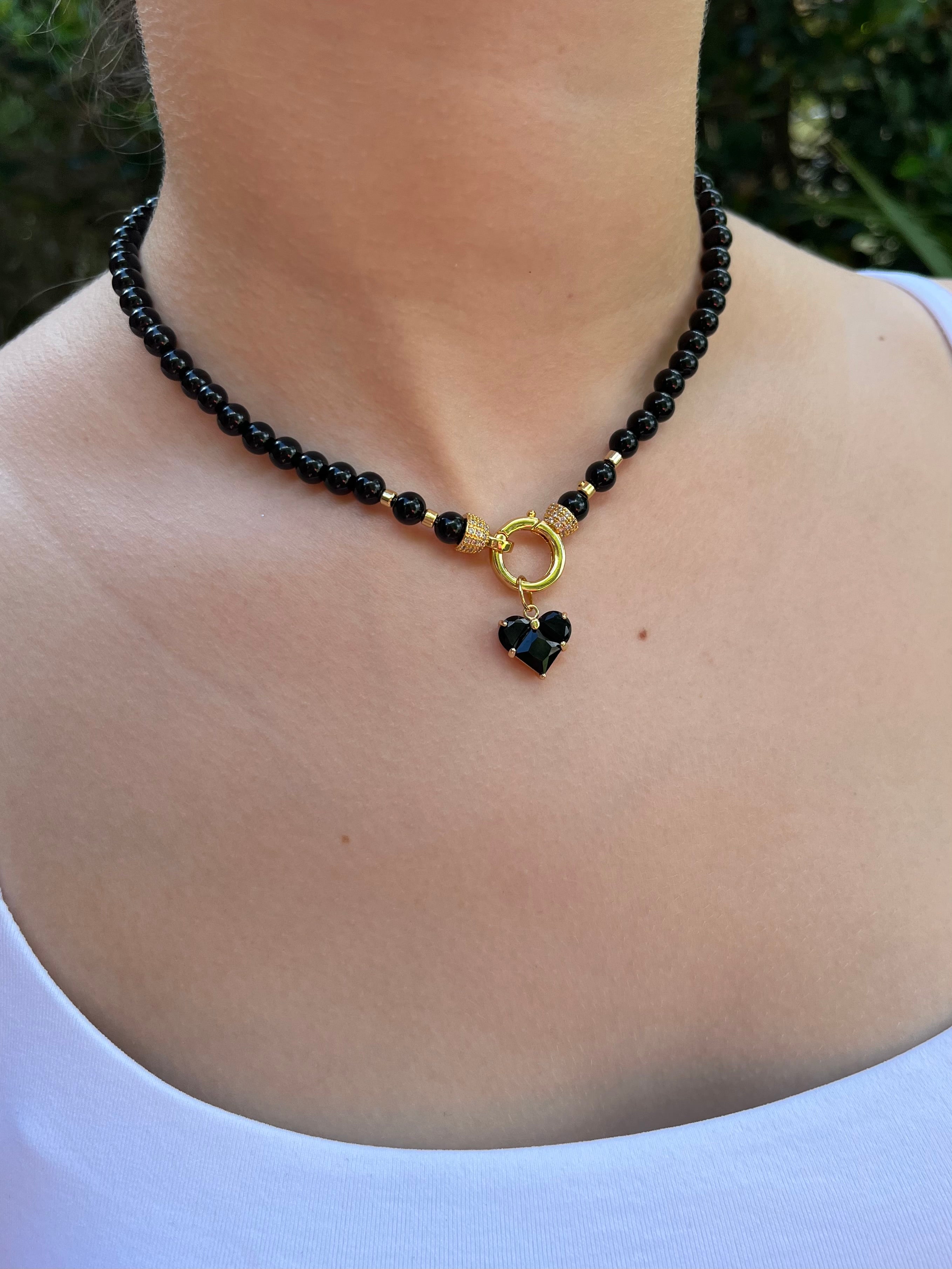 Black Onyx Necklace and Earrings Set – 18K Gold Plated Heart Charm