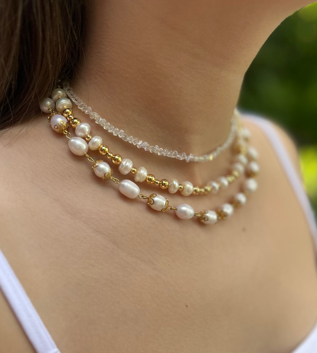 Three-Strand Natural Pearl & Crystal Necklace with Hoop Earrings Set – 18K Gold Plated, Gift Box
