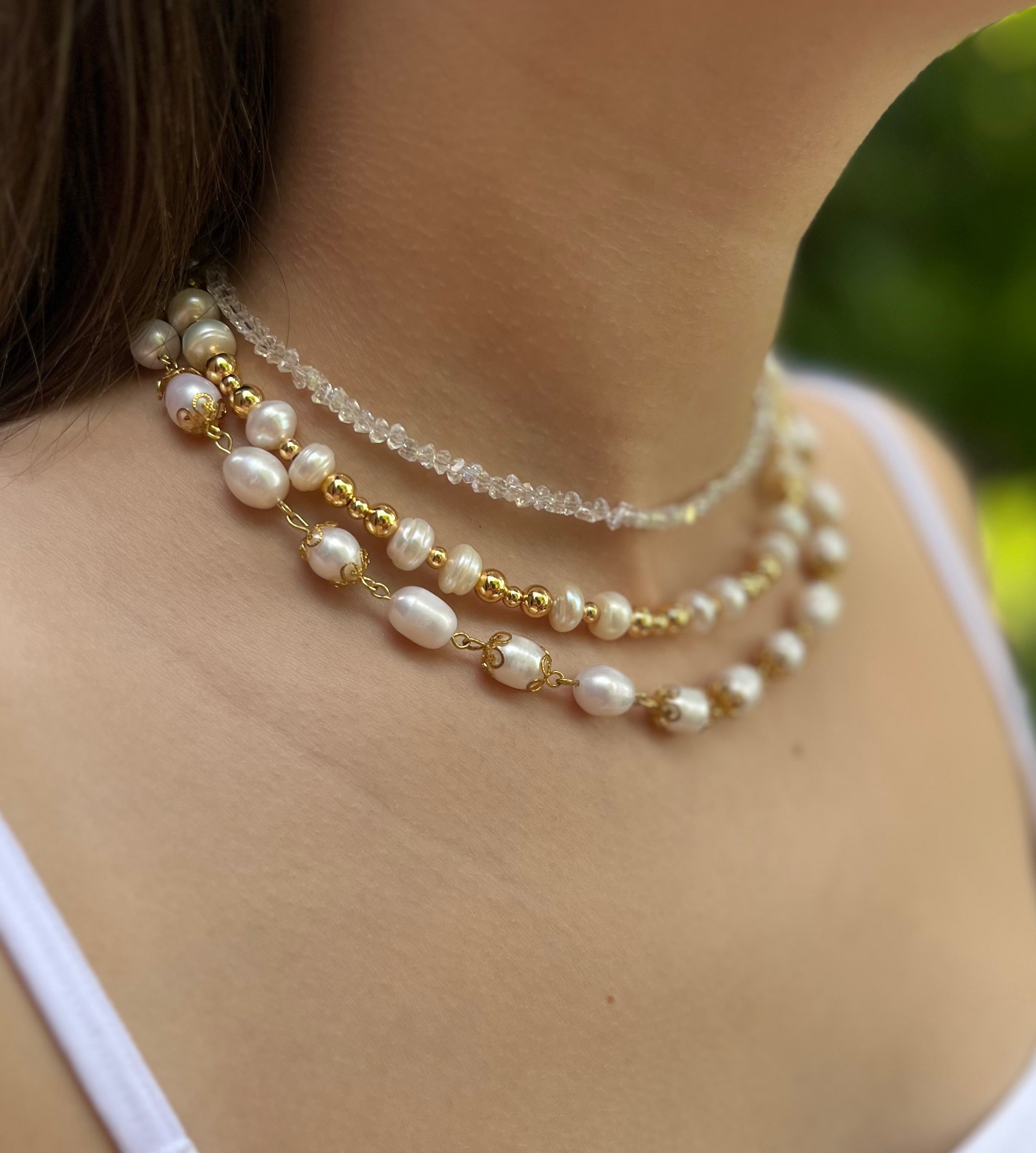 Three-Strand Natural Pearl & Crystal Necklace with Hoop Earrings Set – 18K Gold Plated, Gift Box