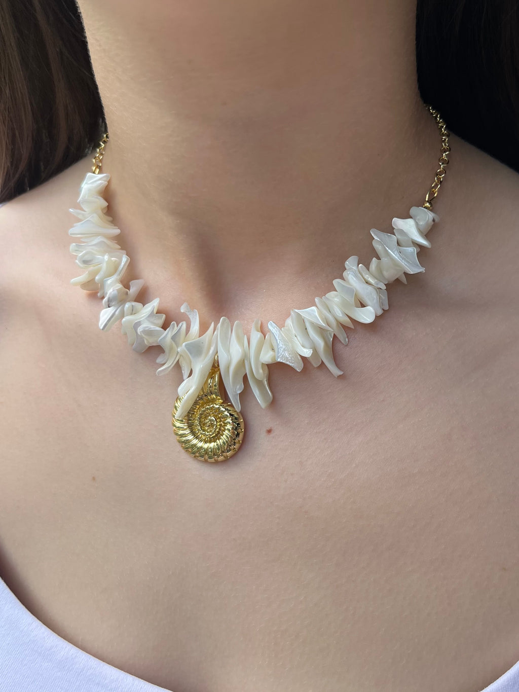 Natural Trochid Shell Necklace with Conch Charm, 18K Gold Plated