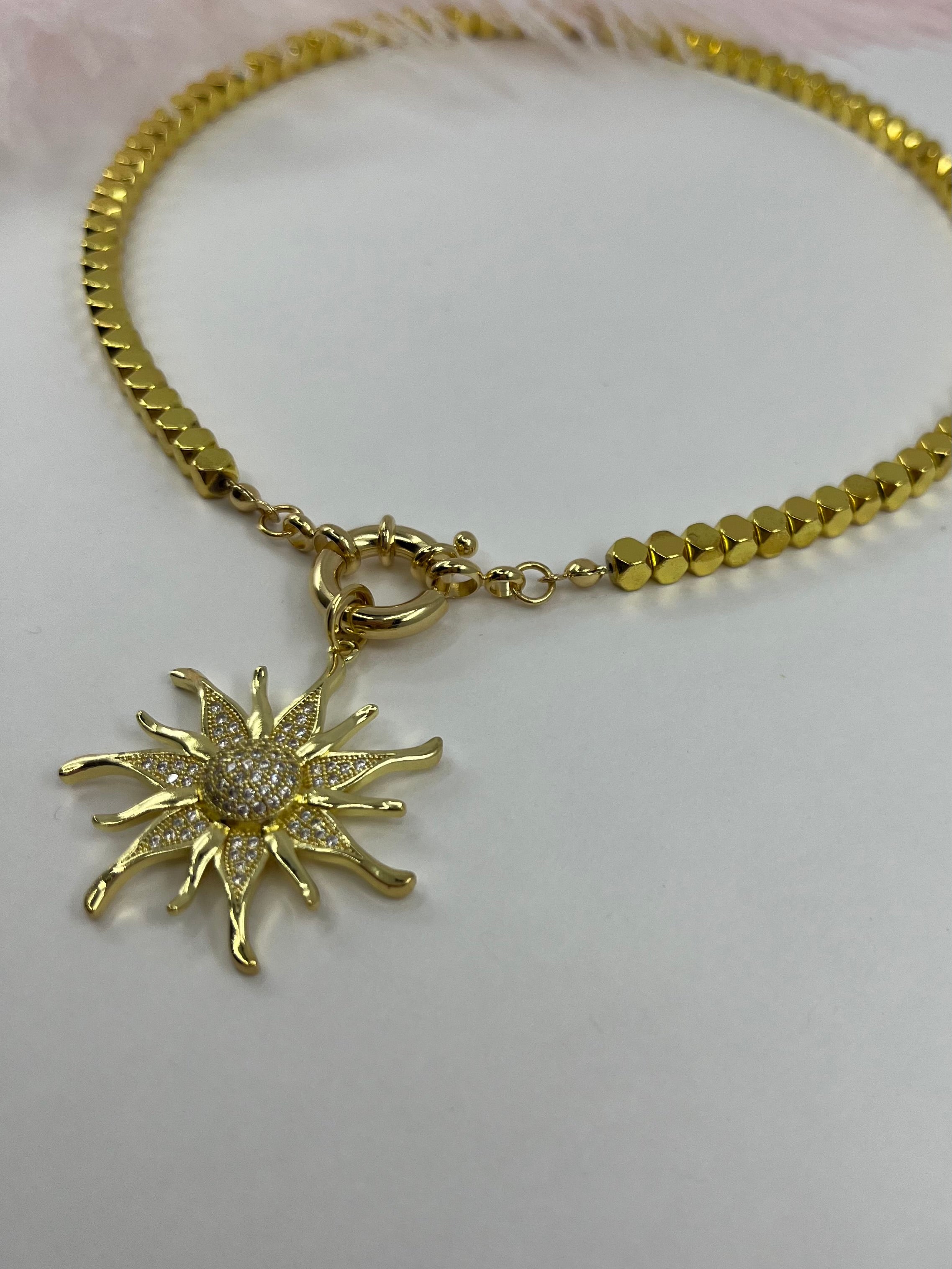 Gold Hematite Sun Necklace, 18K Gold Plated pendant