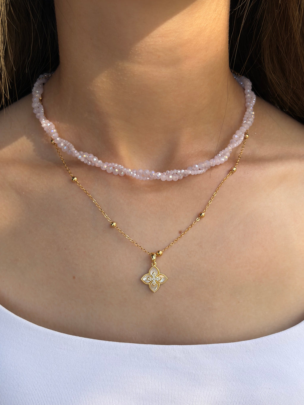 Pink crystal layered necklace with flower pendant pendant