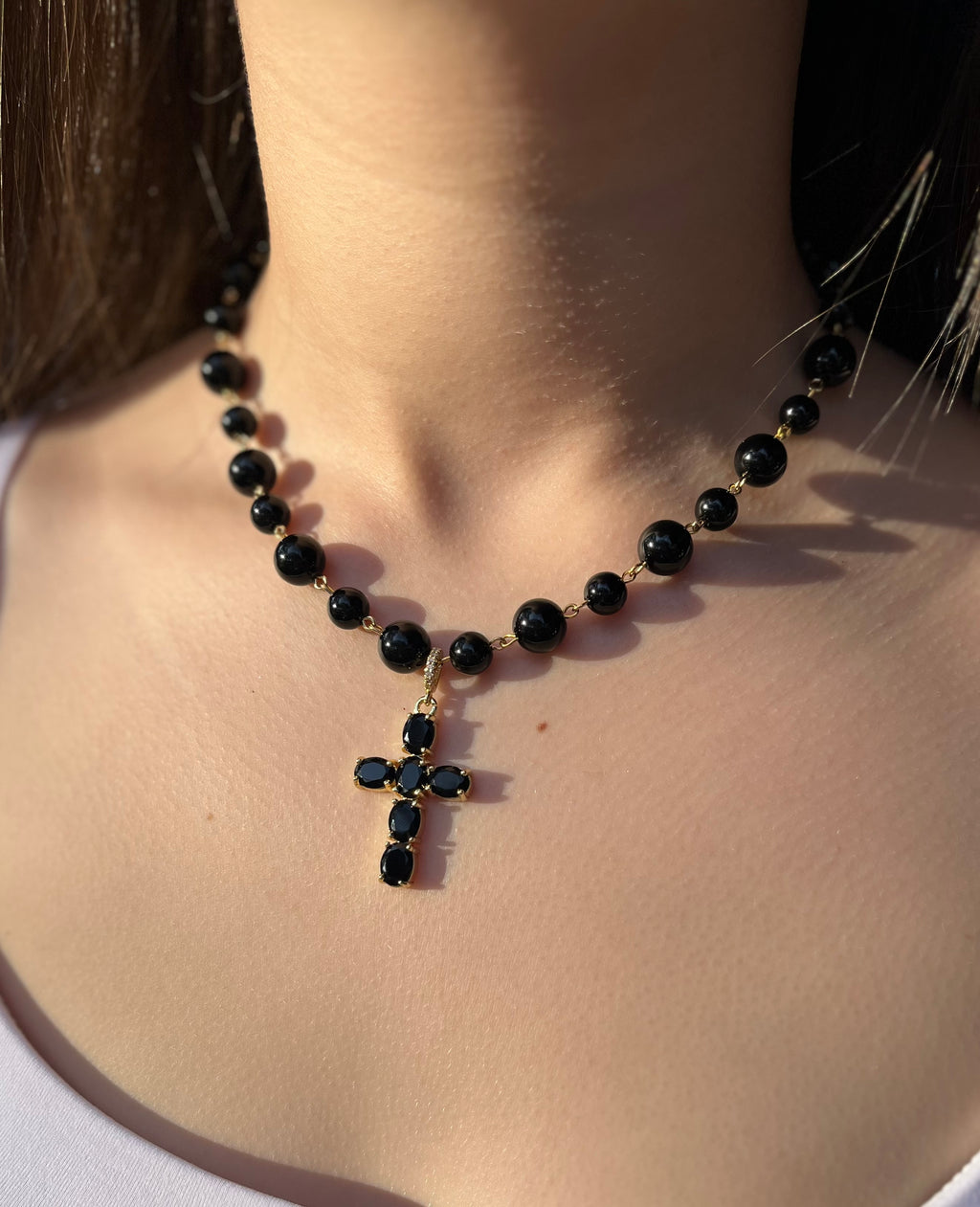Black Onyx Necklace– 18K Gold Plated Zirconia Cross