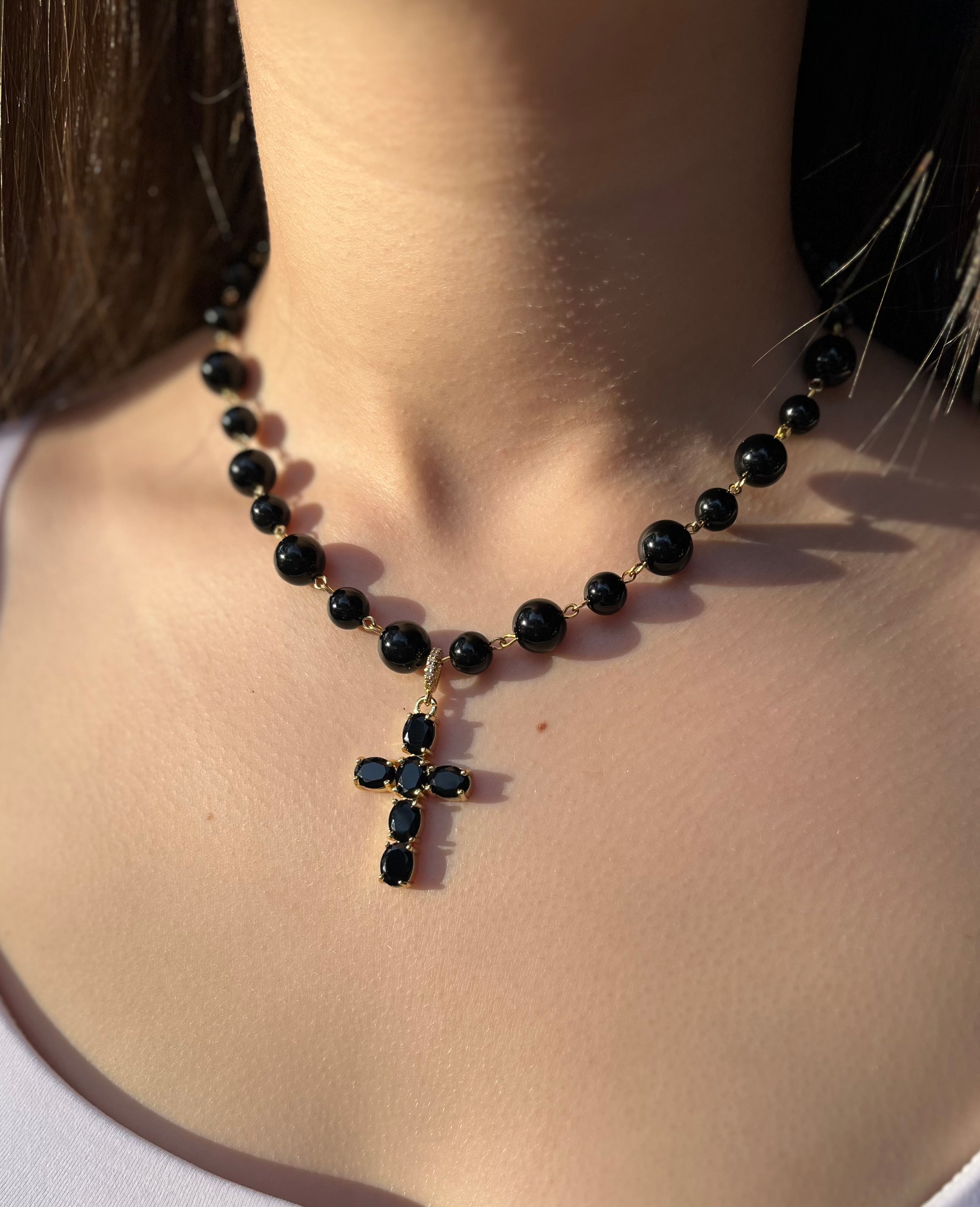 Black Onyx Necklace– 18K Gold Plated Zirconia Cross