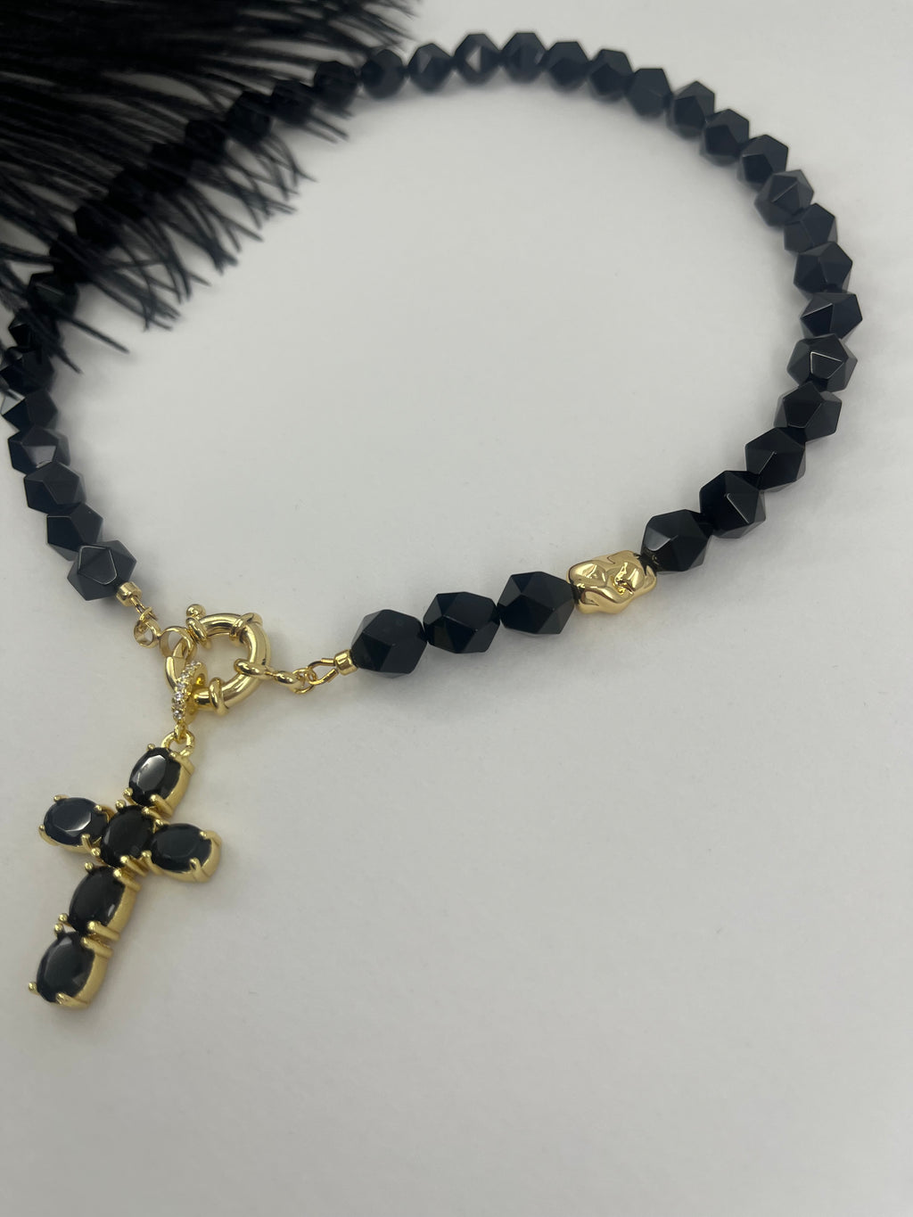 Natural Black Onyx Necklace with Gold Zirconia Cross