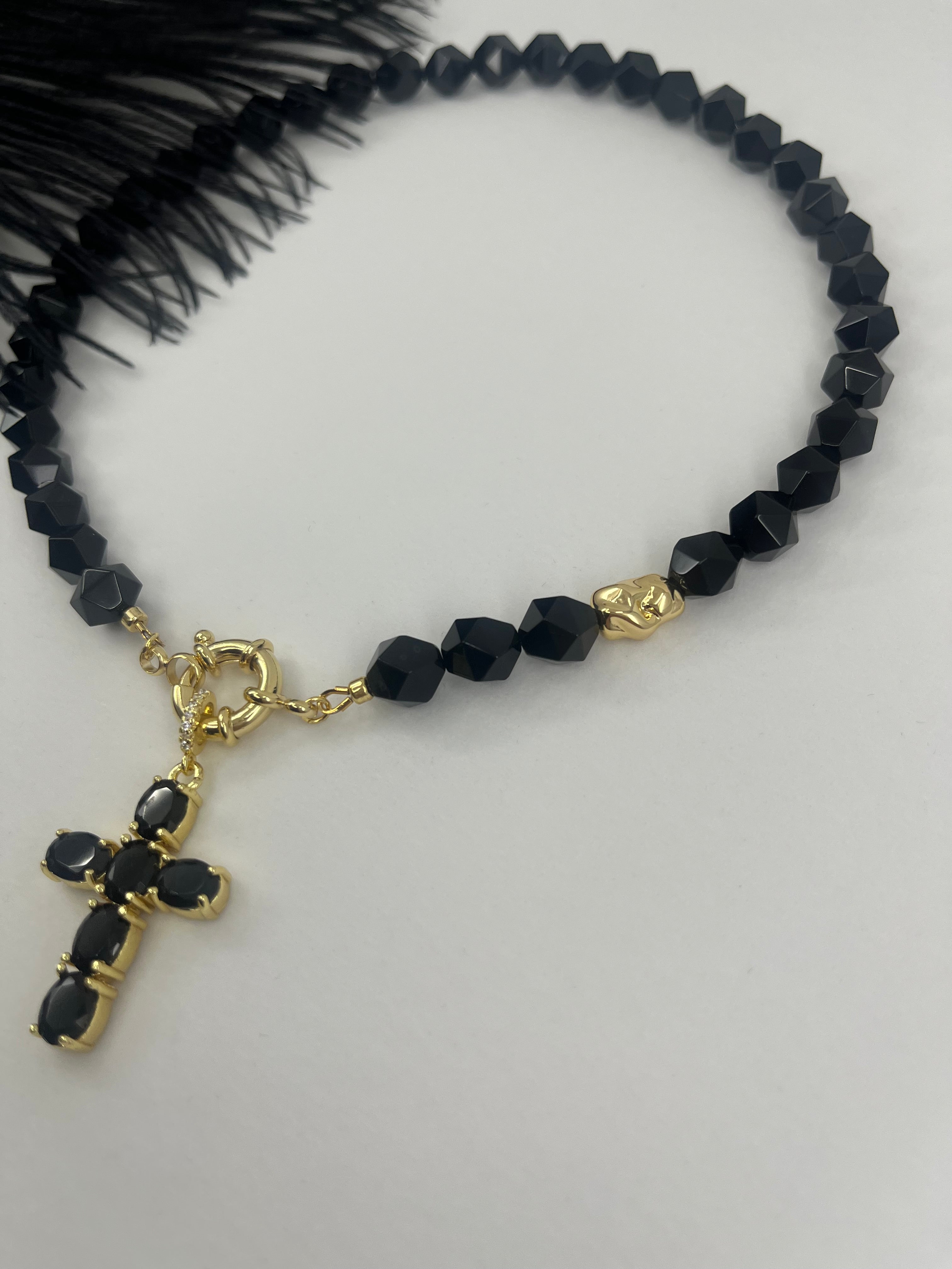 Natural Black Onyx Necklace with Gold Zirconia Cross