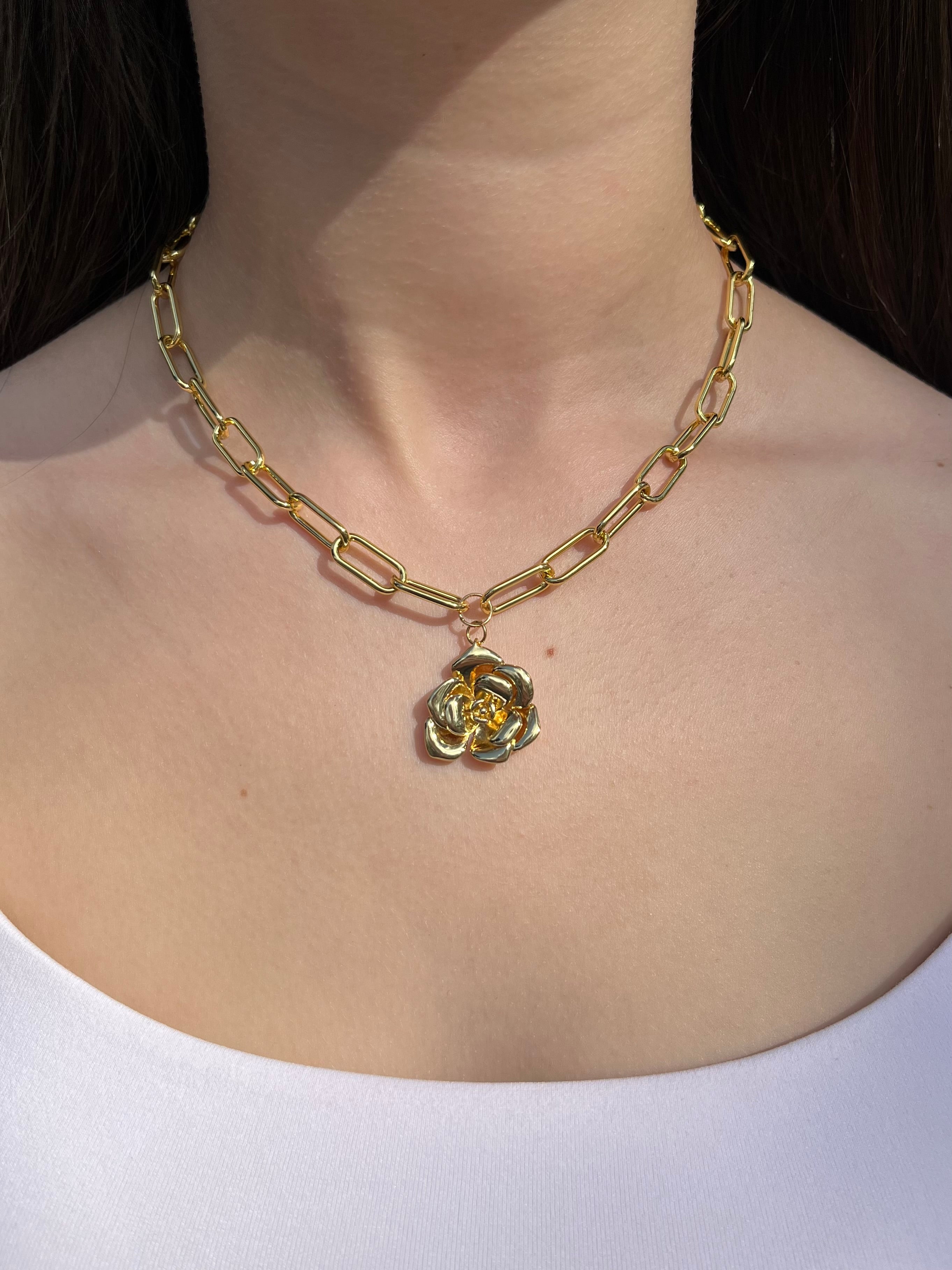 18K Gold Chunky Chain Necklace with rose