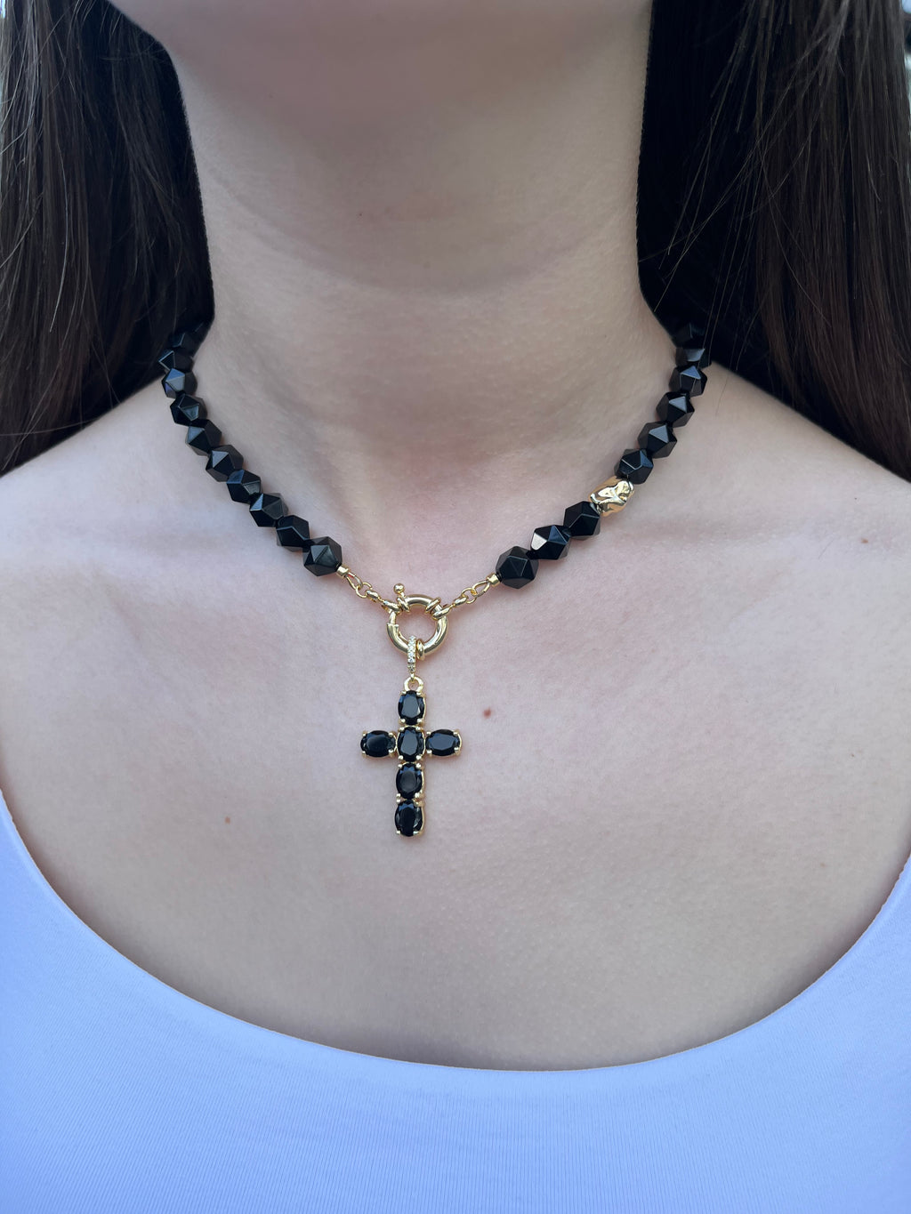 Natural Black Onyx Necklace with Gold Zirconia Cross
