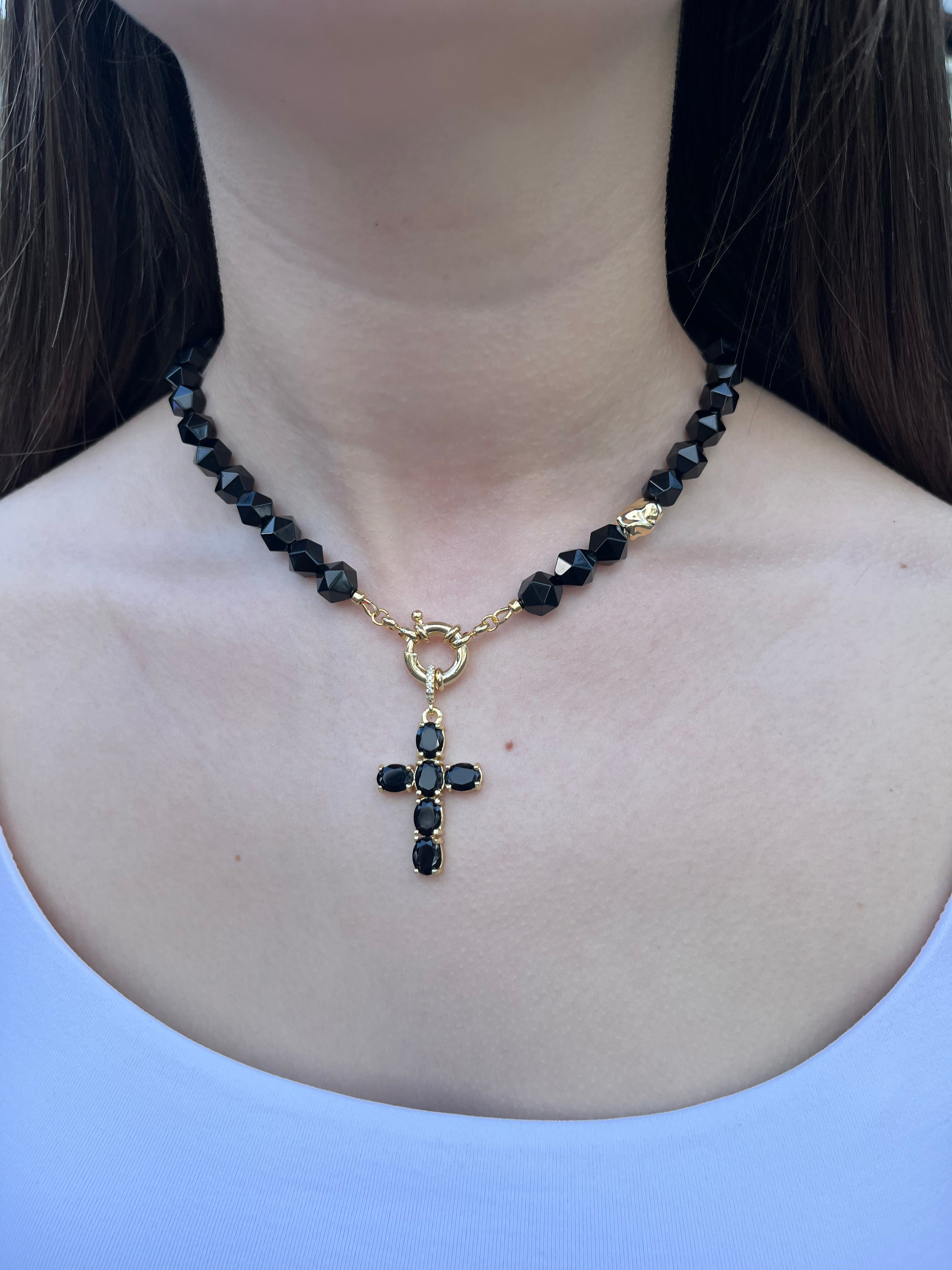 Natural Black Onyx Necklace with Gold Zirconia Cross