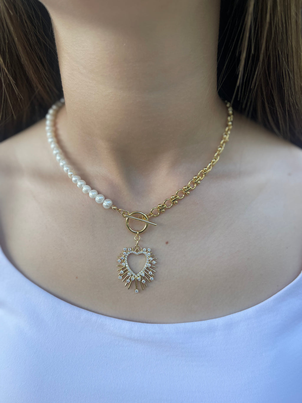 Asymmetrical Pearl Necklace with Heart Pendant, 18K Gold Plated Chain