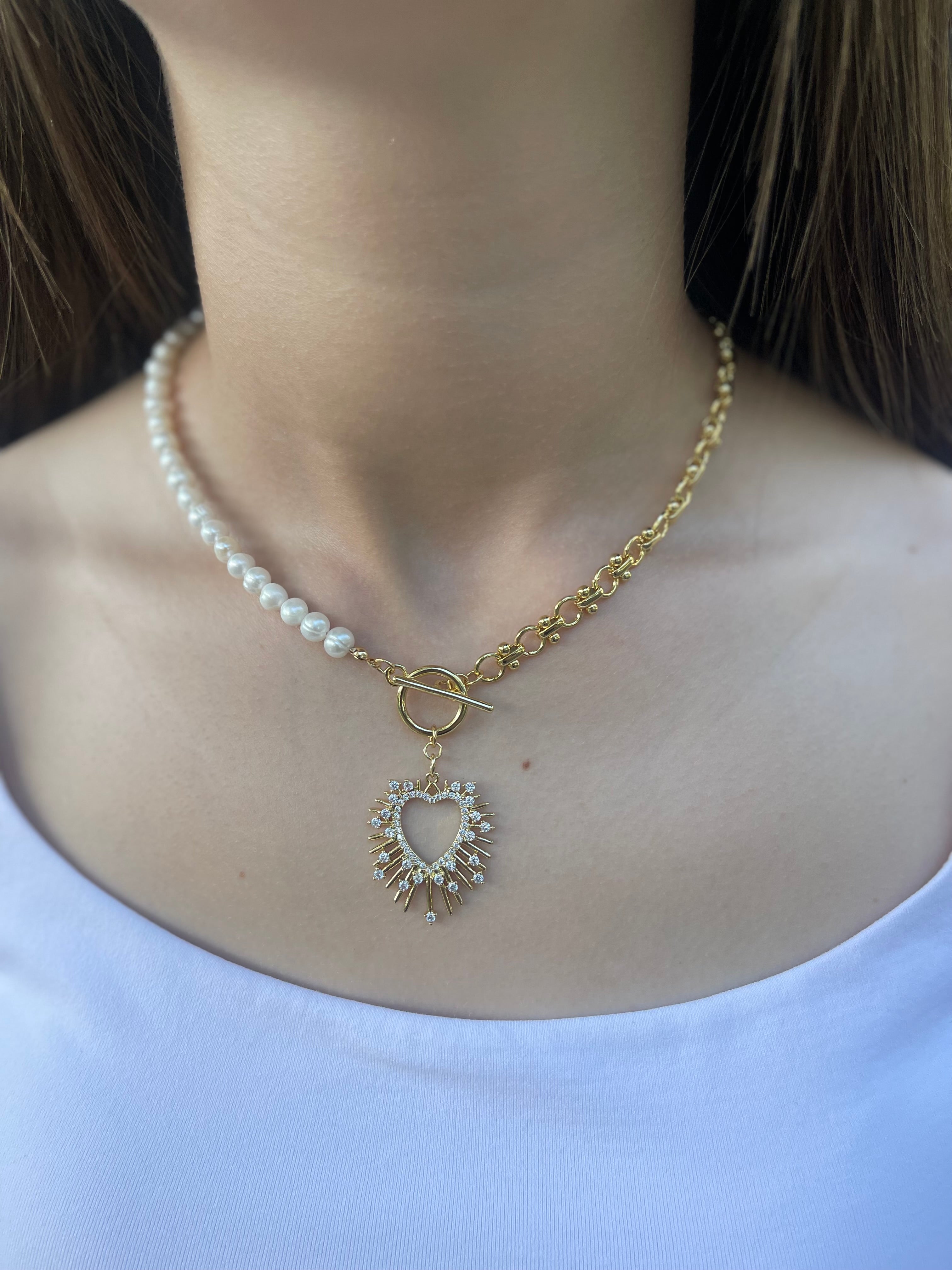 Asymmetrical Pearl Necklace with Heart Pendant, 18K Gold Plated Chain