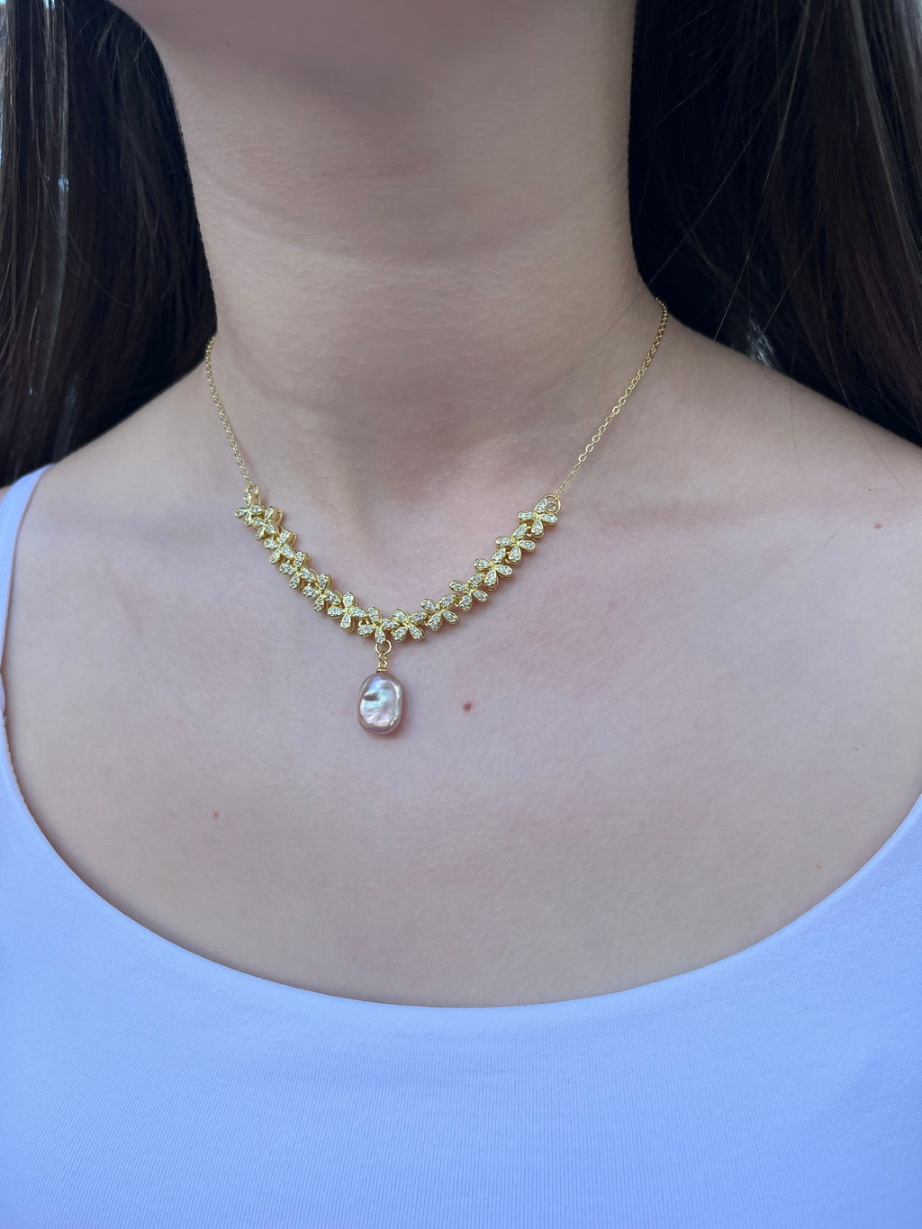 Baroque Pearl and zirconia Y-Necklace, 18k gold plated
