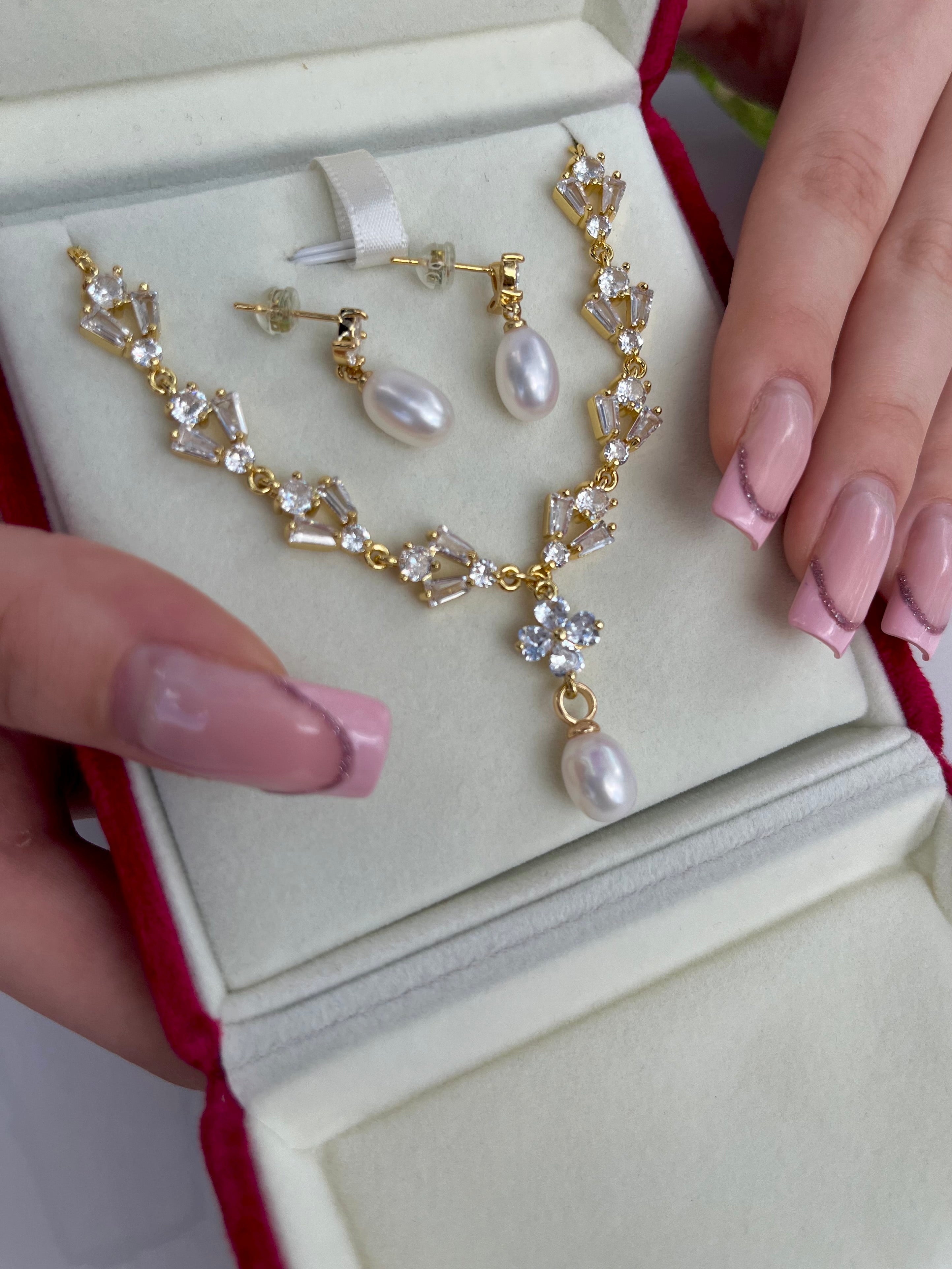 Natural Pearl & Zirconia Necklace with Earrings – 18K Gold Plated, Gift Box