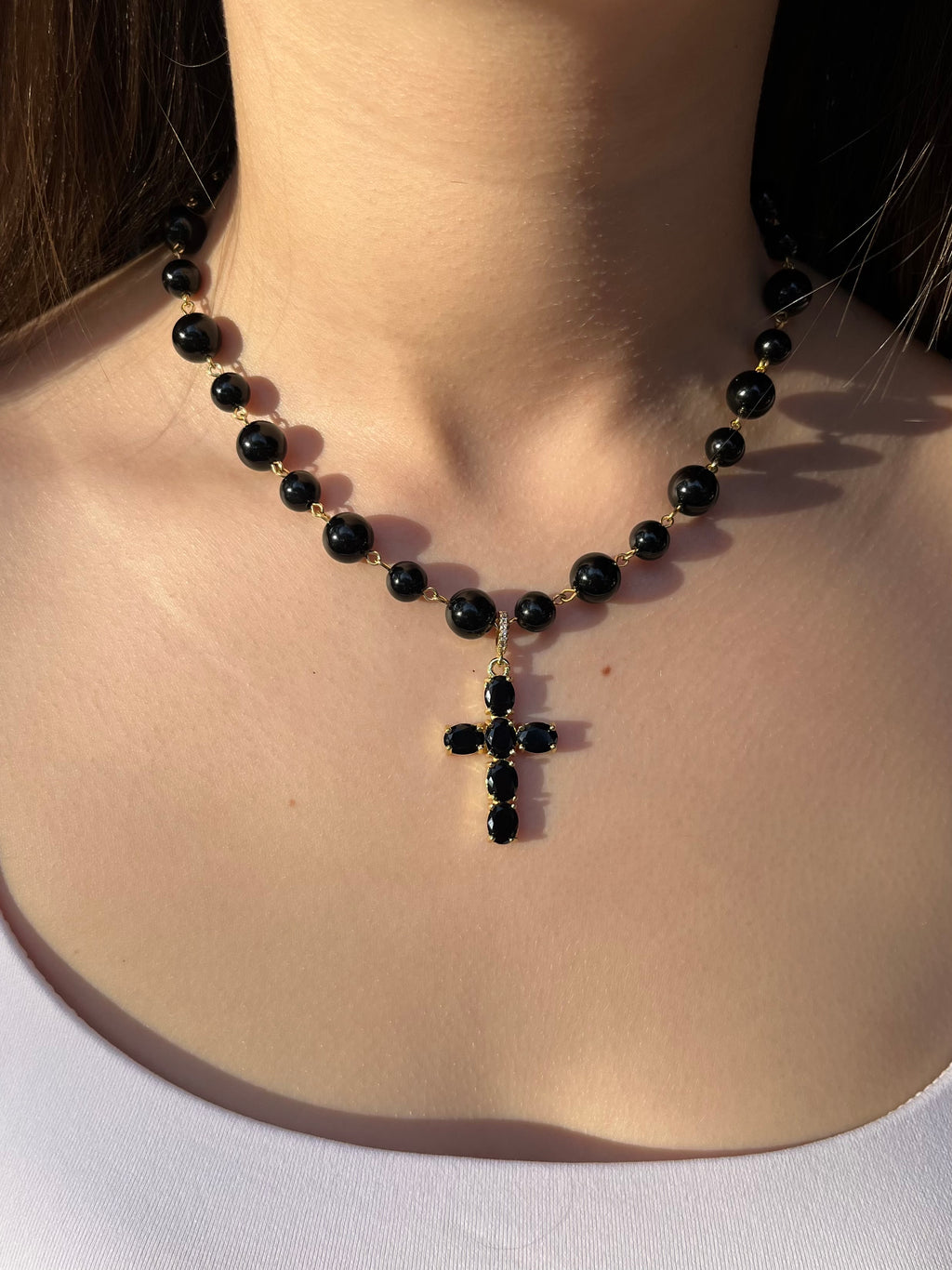 Black Onyx Necklace– 18K Gold Plated Zirconia Cross