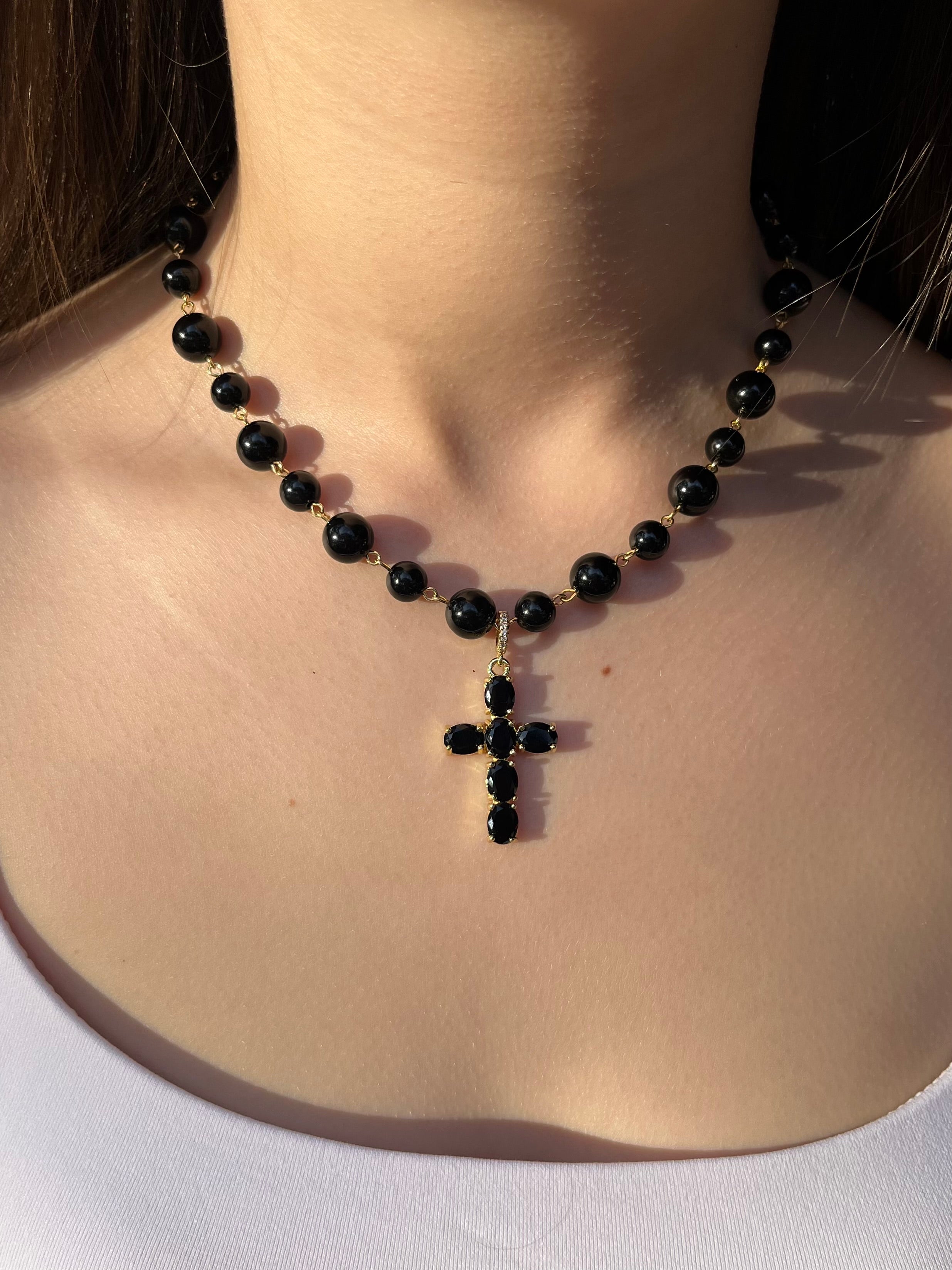 Black Onyx Necklace– 18K Gold Plated Zirconia Cross