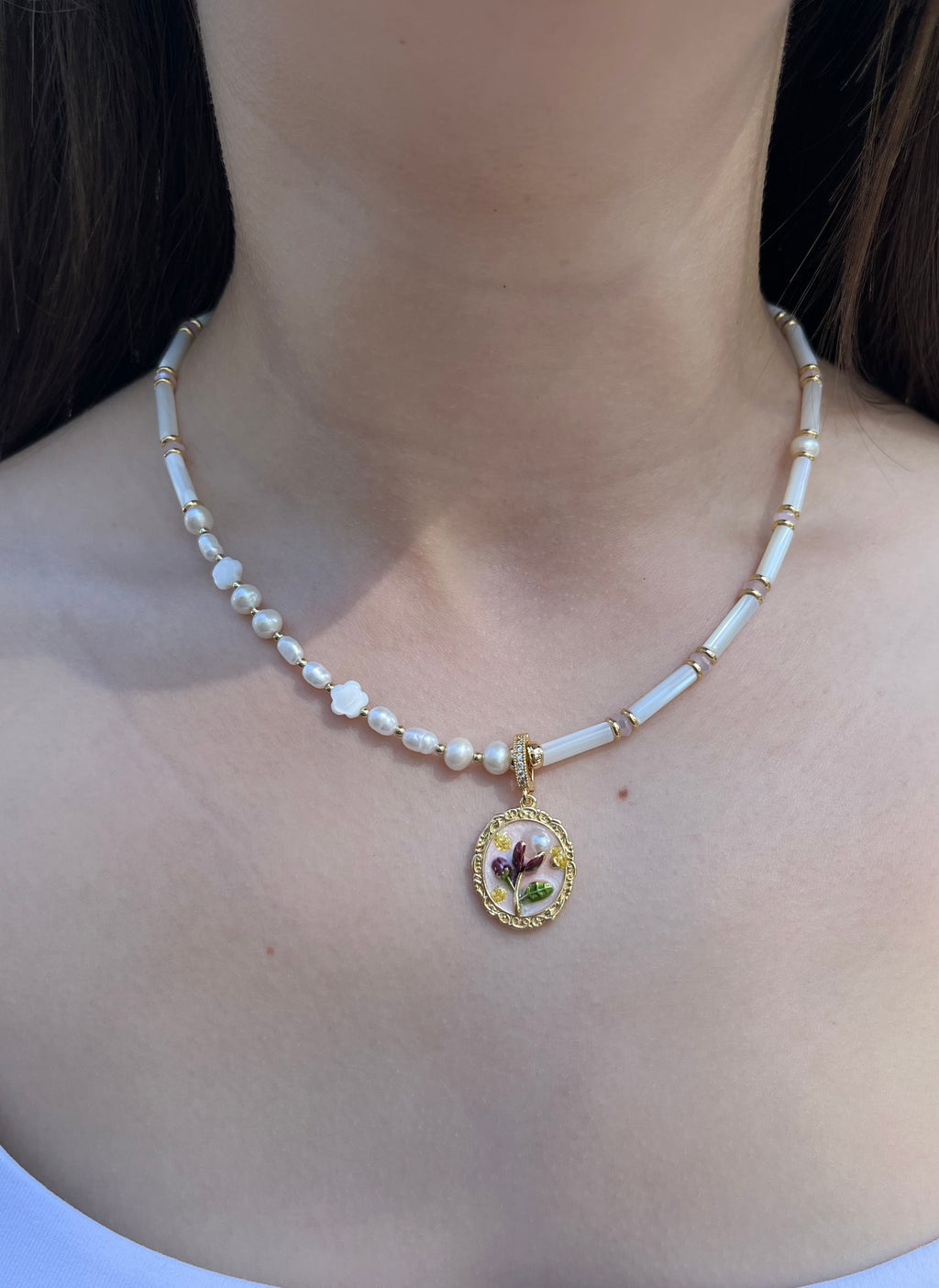 Natural Pearl and Trochus Shell Pendant Necklace, 18K Gold-Plated