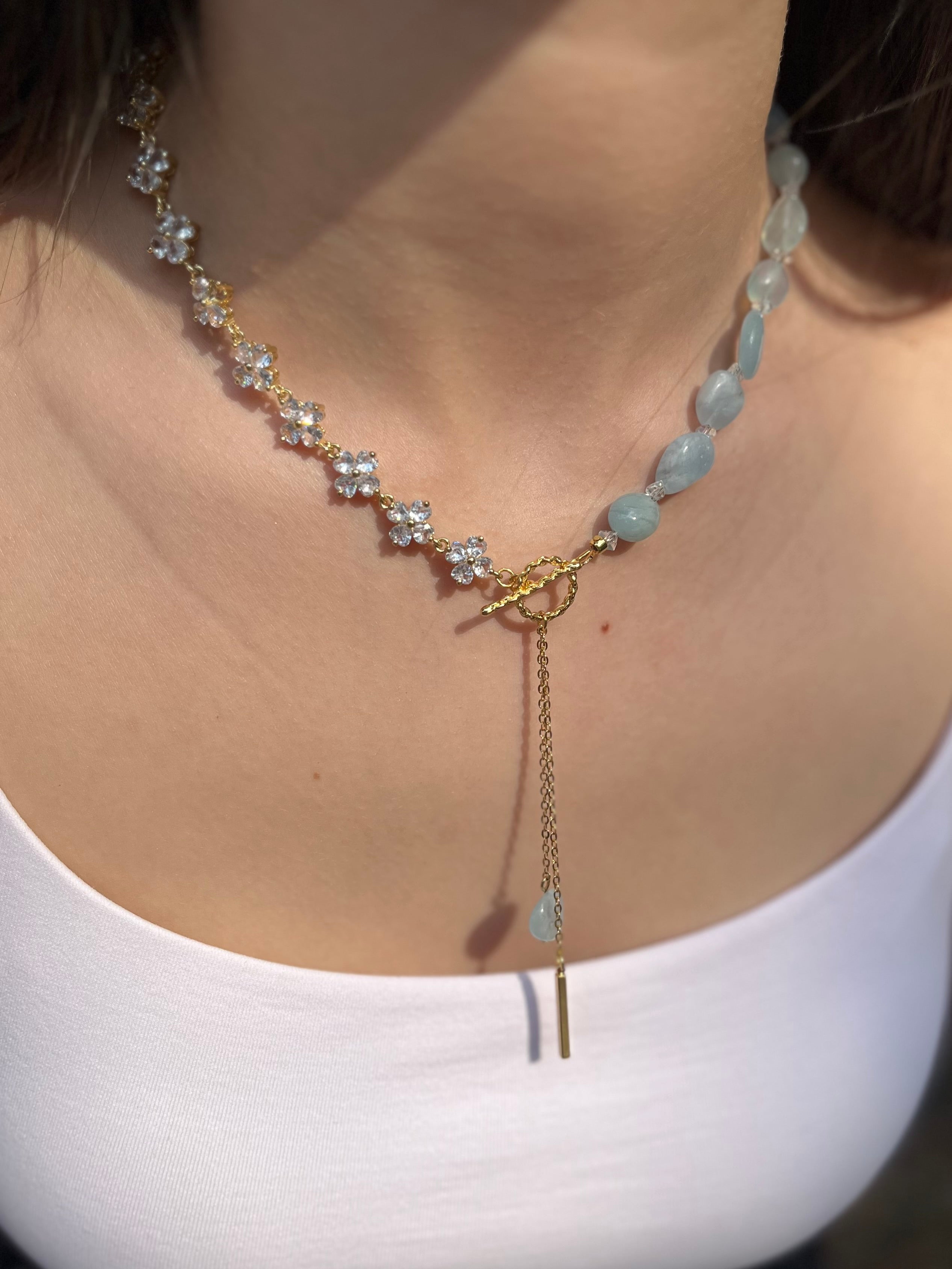 Asymmetrical Aquamarine Y-Necklace, zirconia chain, Bar pendant