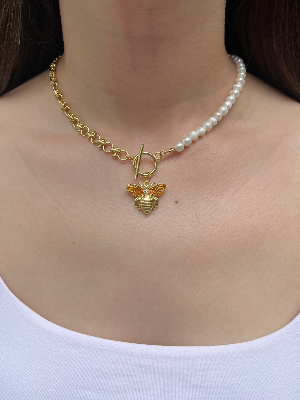 Asymmetrical Pearl Necklace with Bee Pendant, 18K Gold Plated Chain