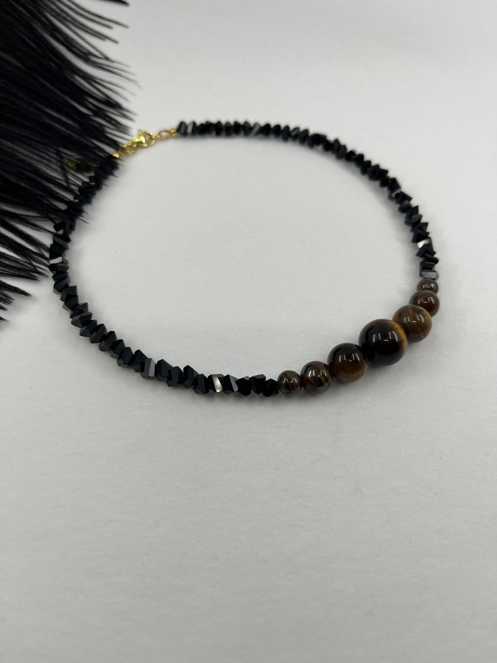 Set: Black Crystal Choker Necklace with Tiger Eye and earrings