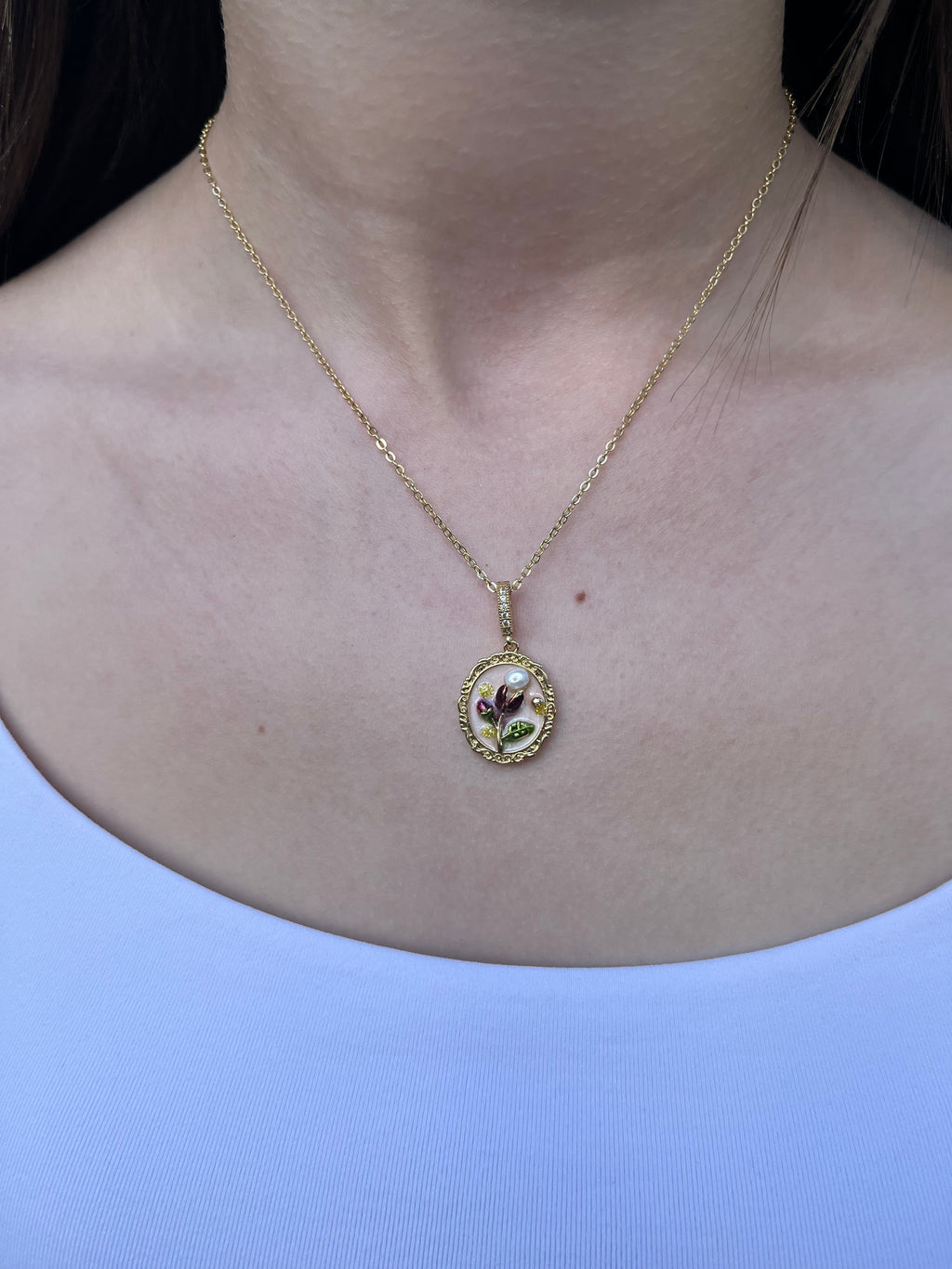 18K Gold Flower Enamel Pearl Pendant Necklace