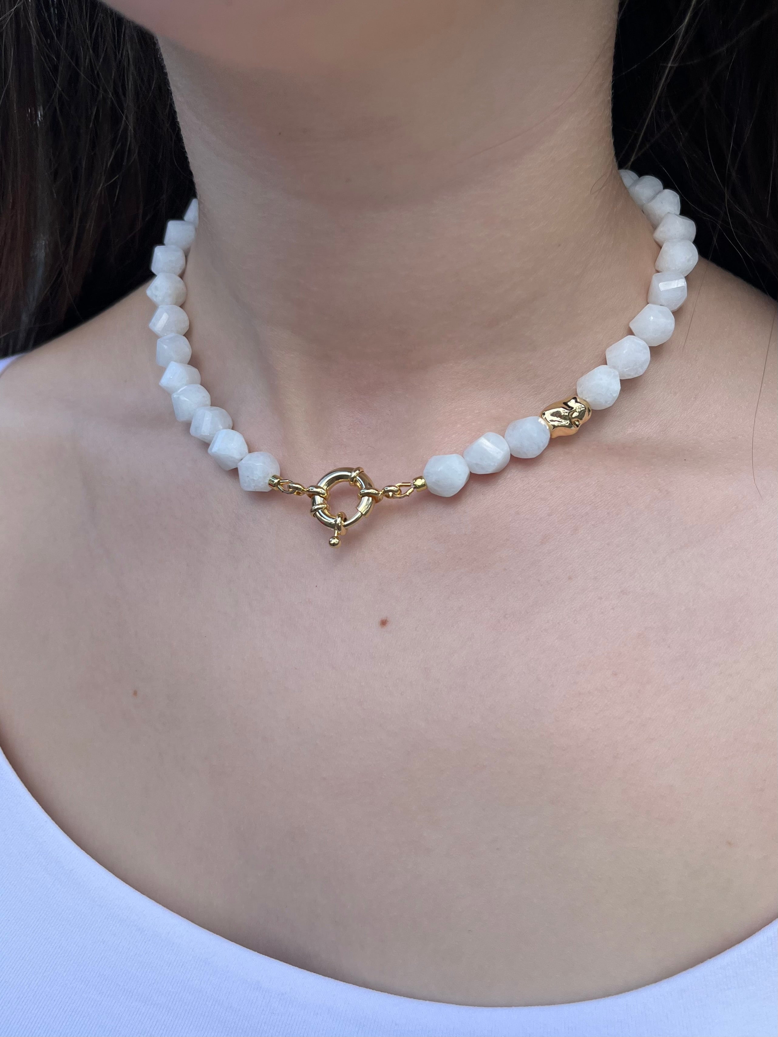 Natural White Jade Necklace with Gold Accent
