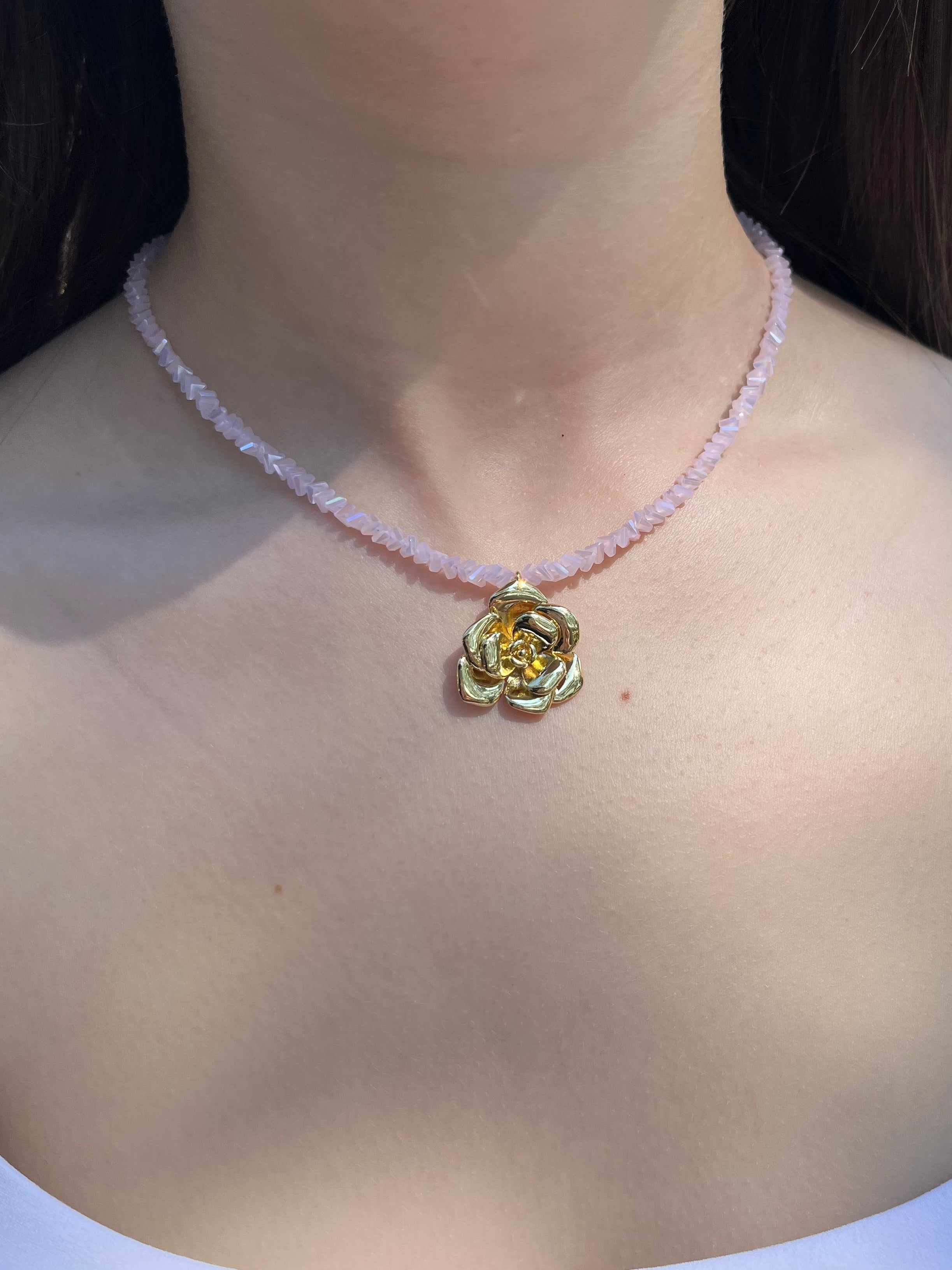 Crystal Pink Glass Bead Choker: 18K Gold Rose Pendant