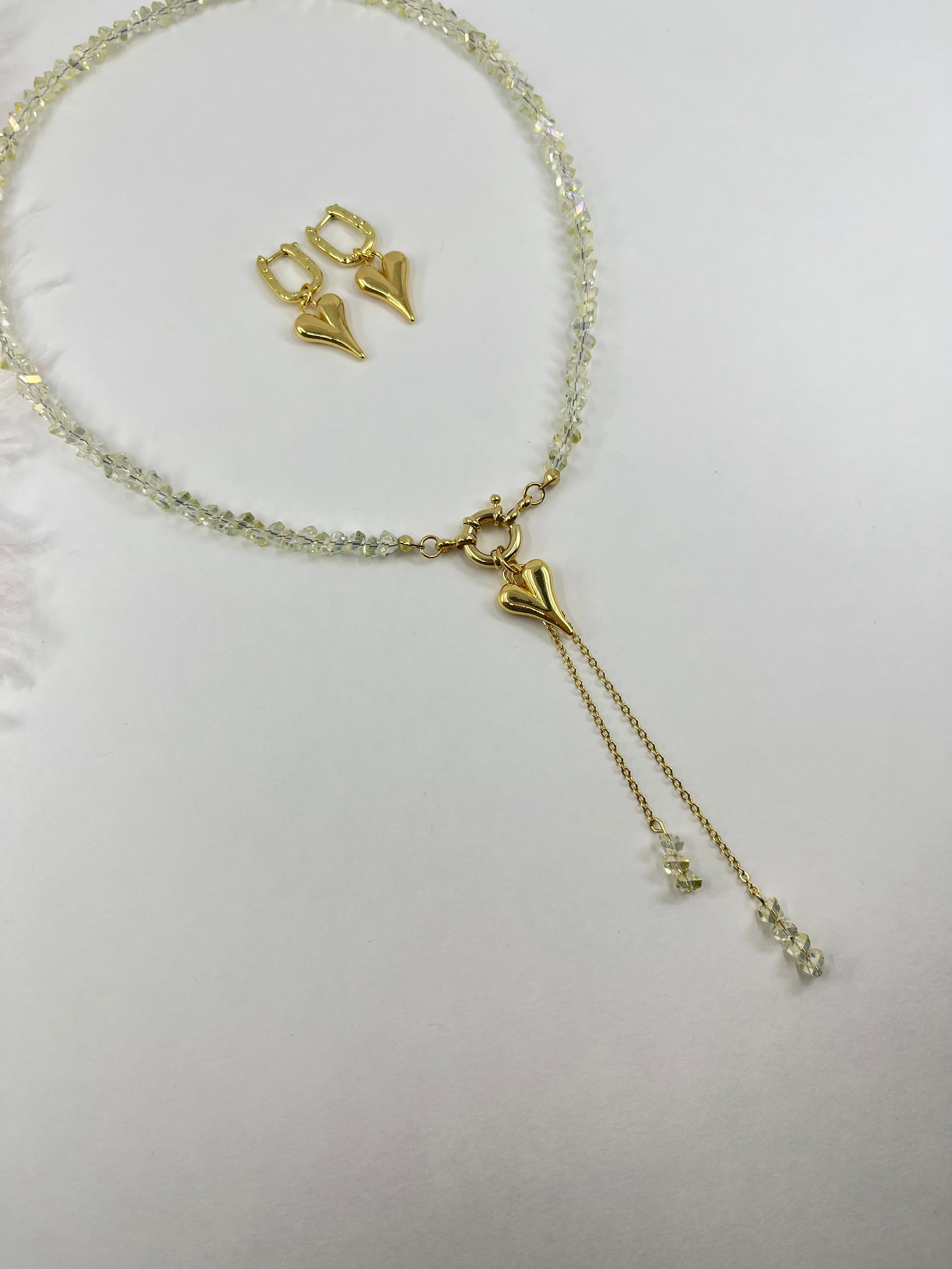 Set: Heart Crystal Y-Necklace and Earrings – 18K Gold Plated