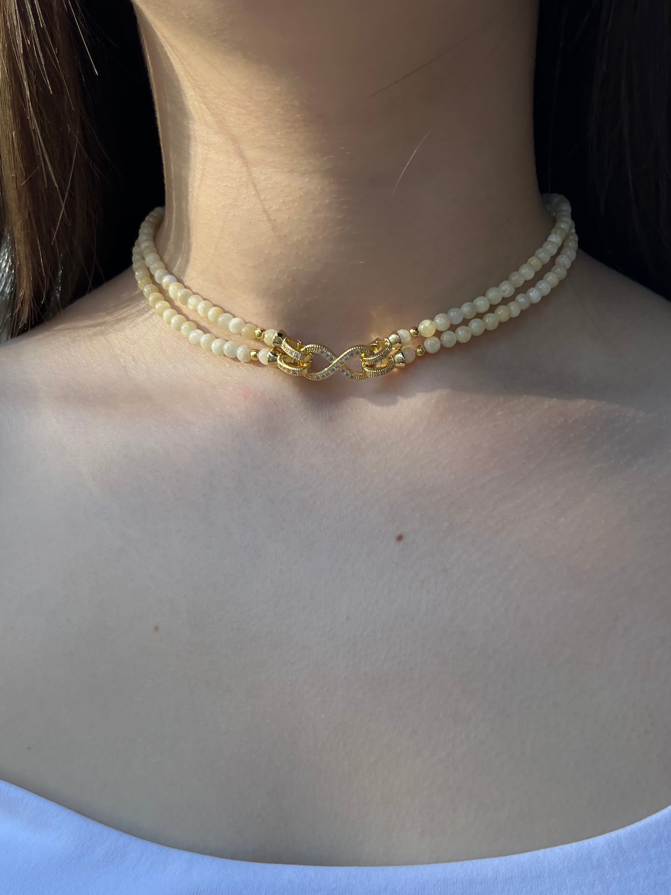 Topaz Jade Choker Necklace : 18K Gold Plated Zirconia Infinity Clasp