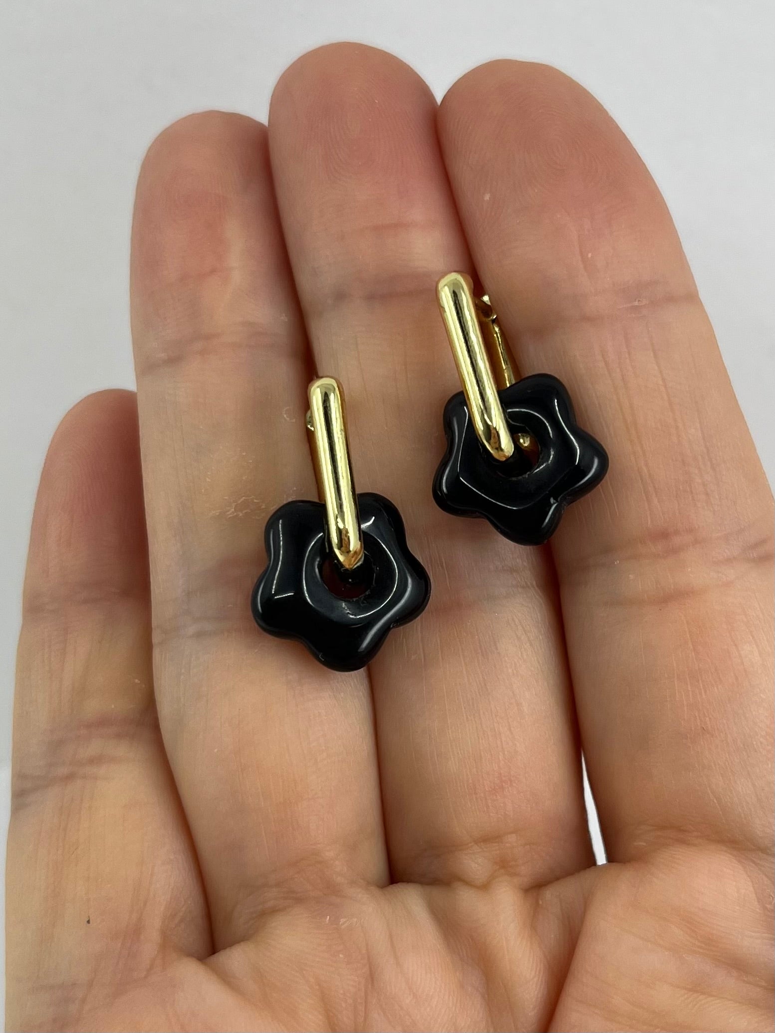 Obsidian flower Earrings, 18K Gold Plated