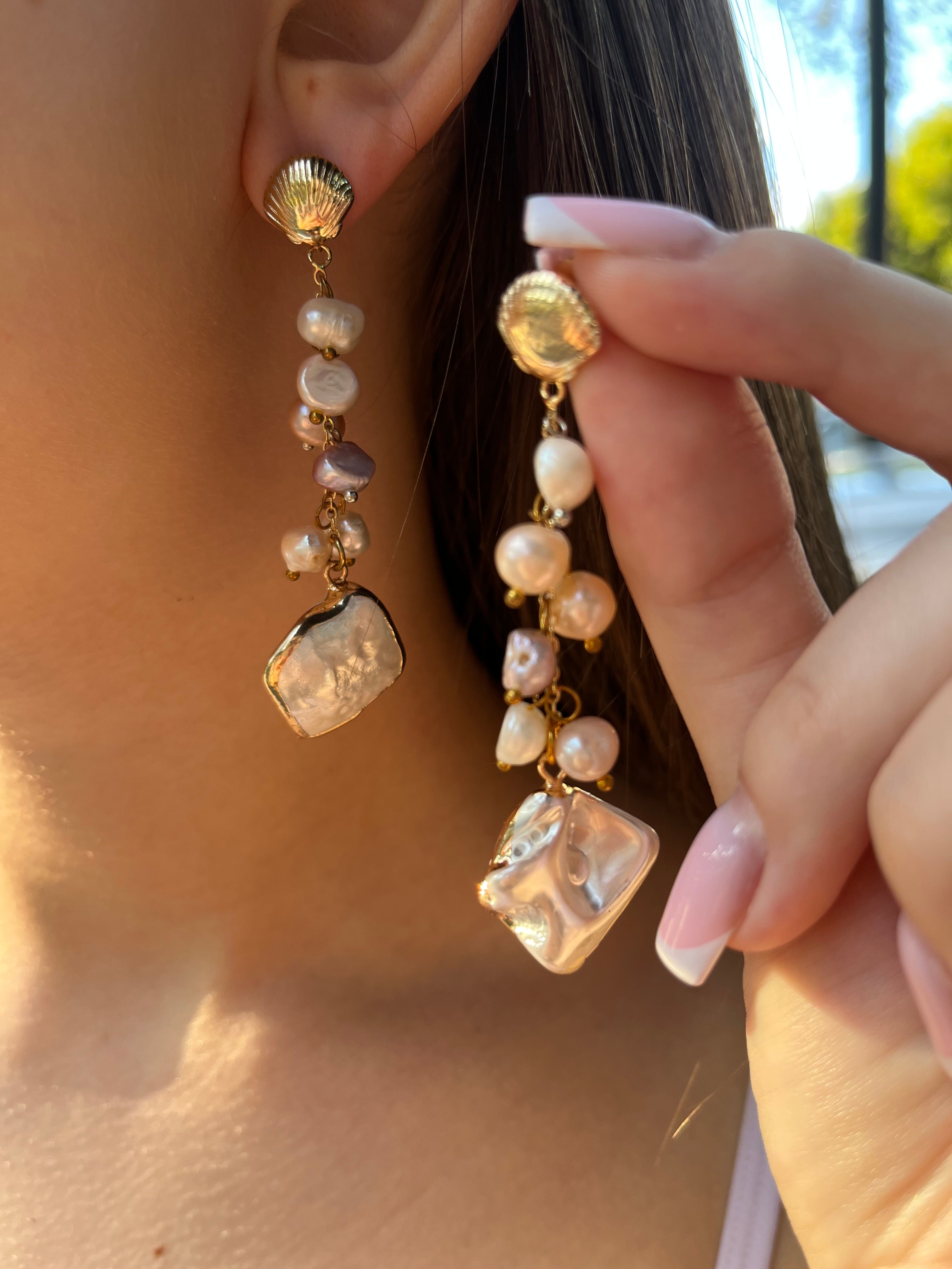 Long Natural Pearl Drop Earrings with baroque shell pendant