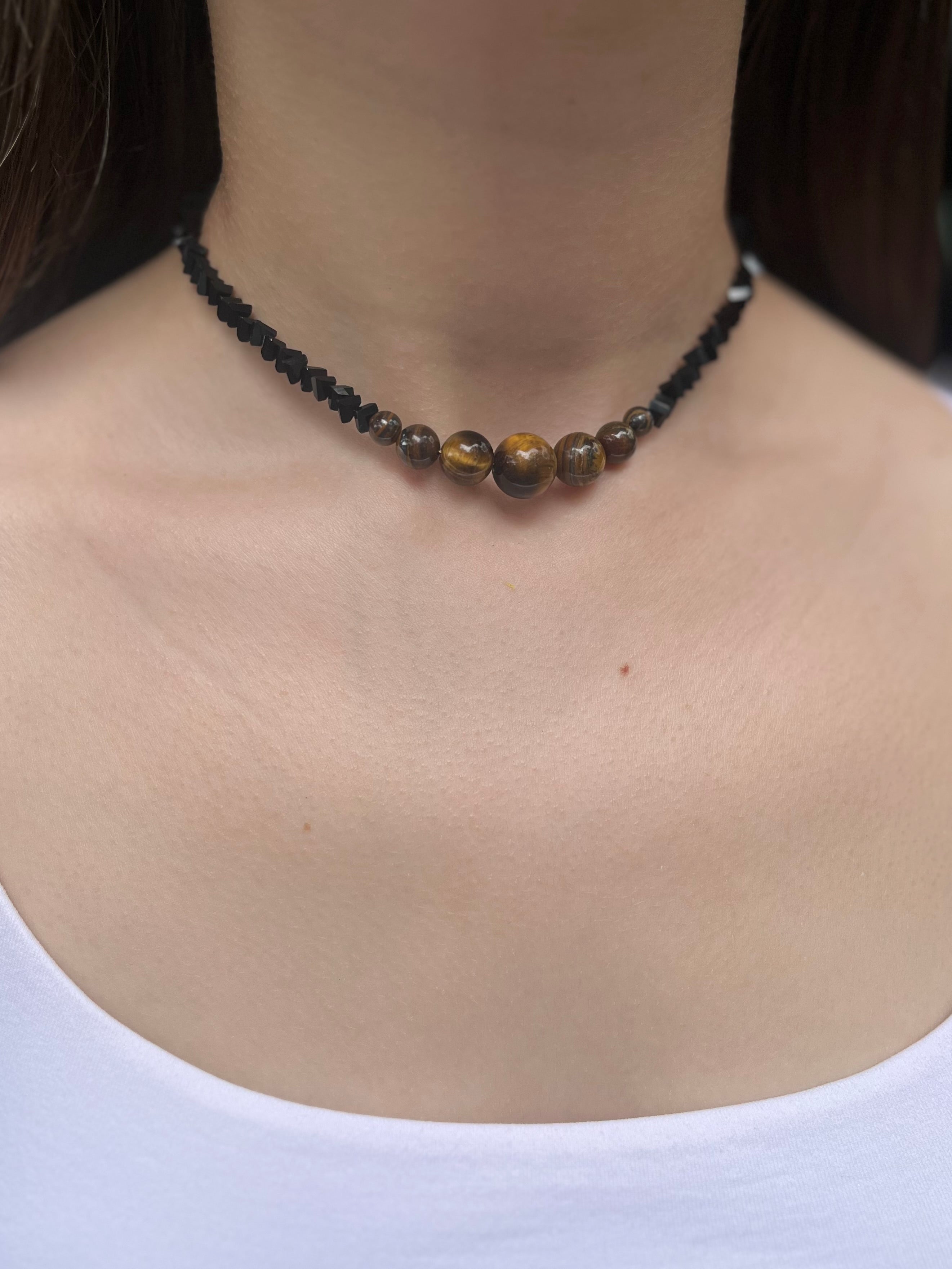 Set: Black Crystal Choker Necklace with Tiger Eye and earrings