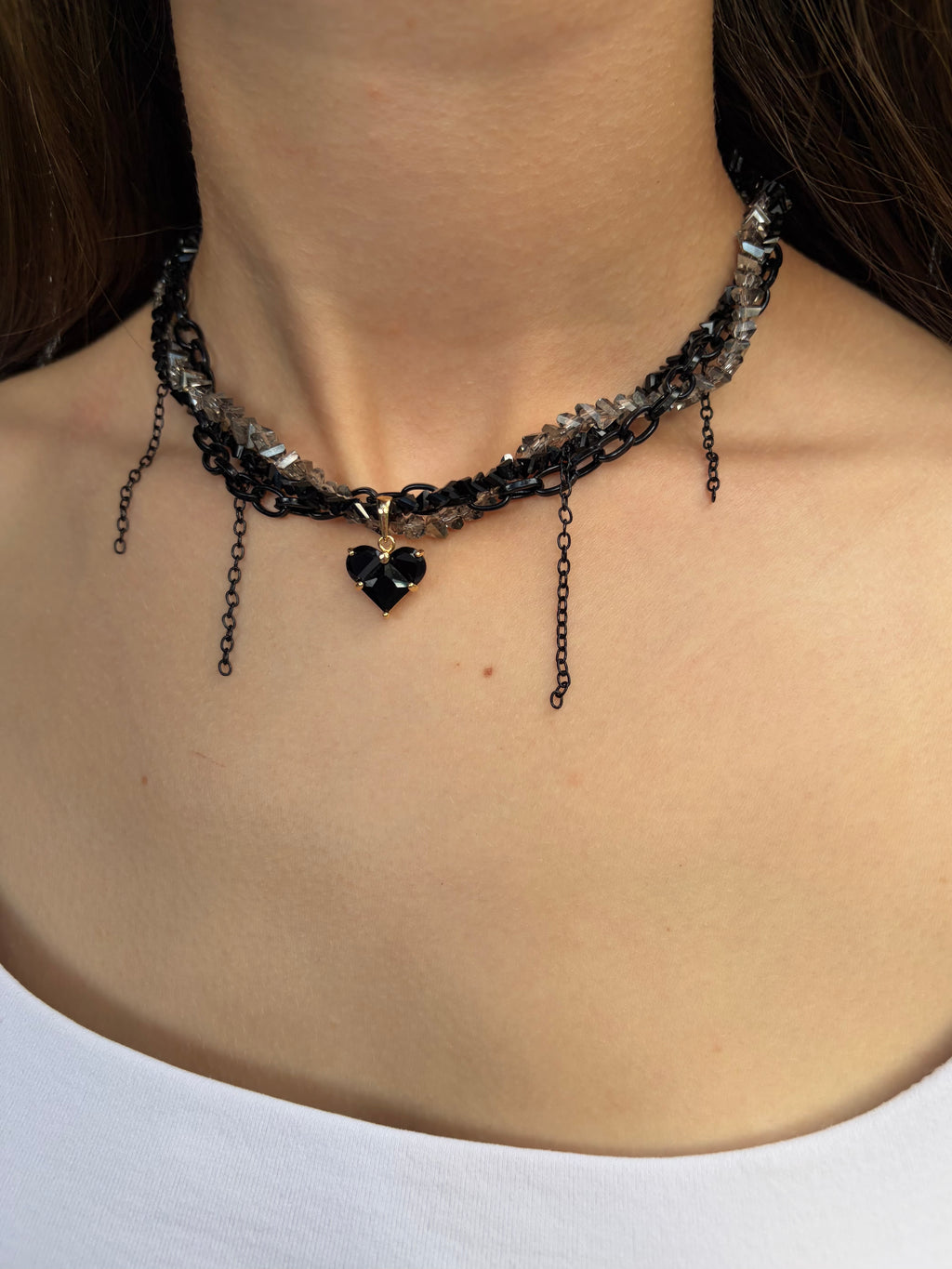 Layered Heart Black Crystal Necklace – 18K Gold Plated
