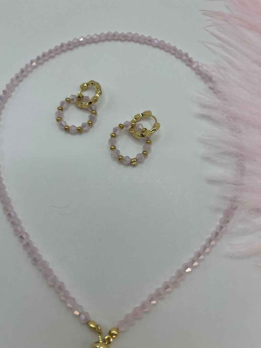 Set Pink Beaded Choker Necklace with Earrings – 18K Gold Plated