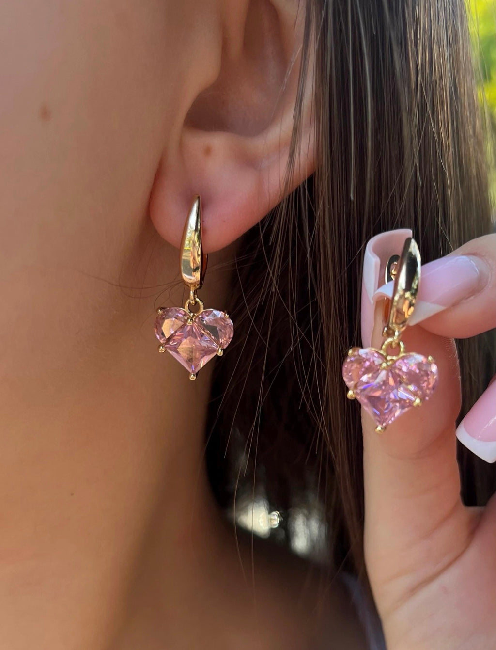 Set: Heart Pink Crystal Y-Necklace and Earrings – 18K Gold Plated, Cubic Zirconia