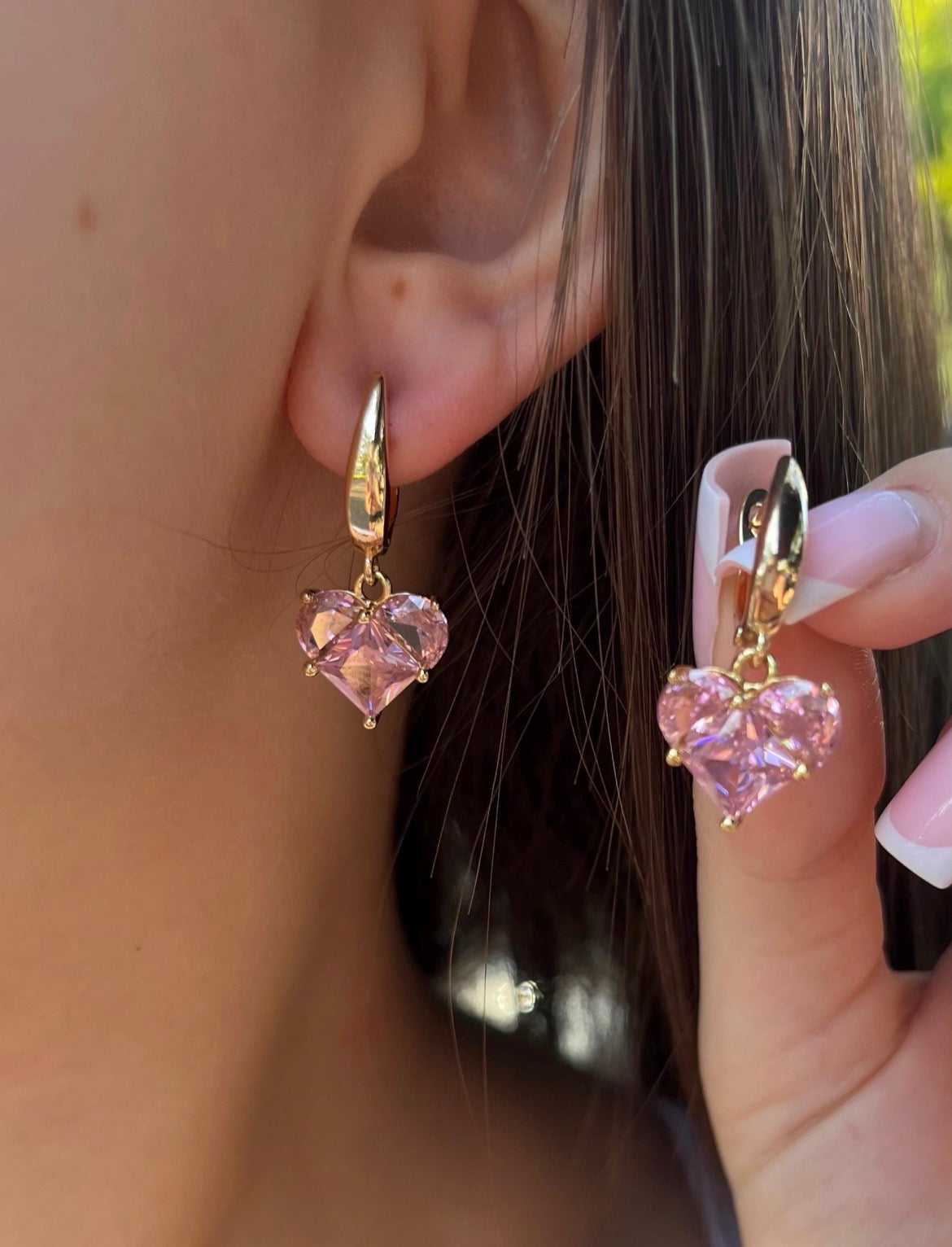 Set: Heart Pink Crystal Y-Necklace and Earrings – 18K Gold Plated, Cubic Zirconia