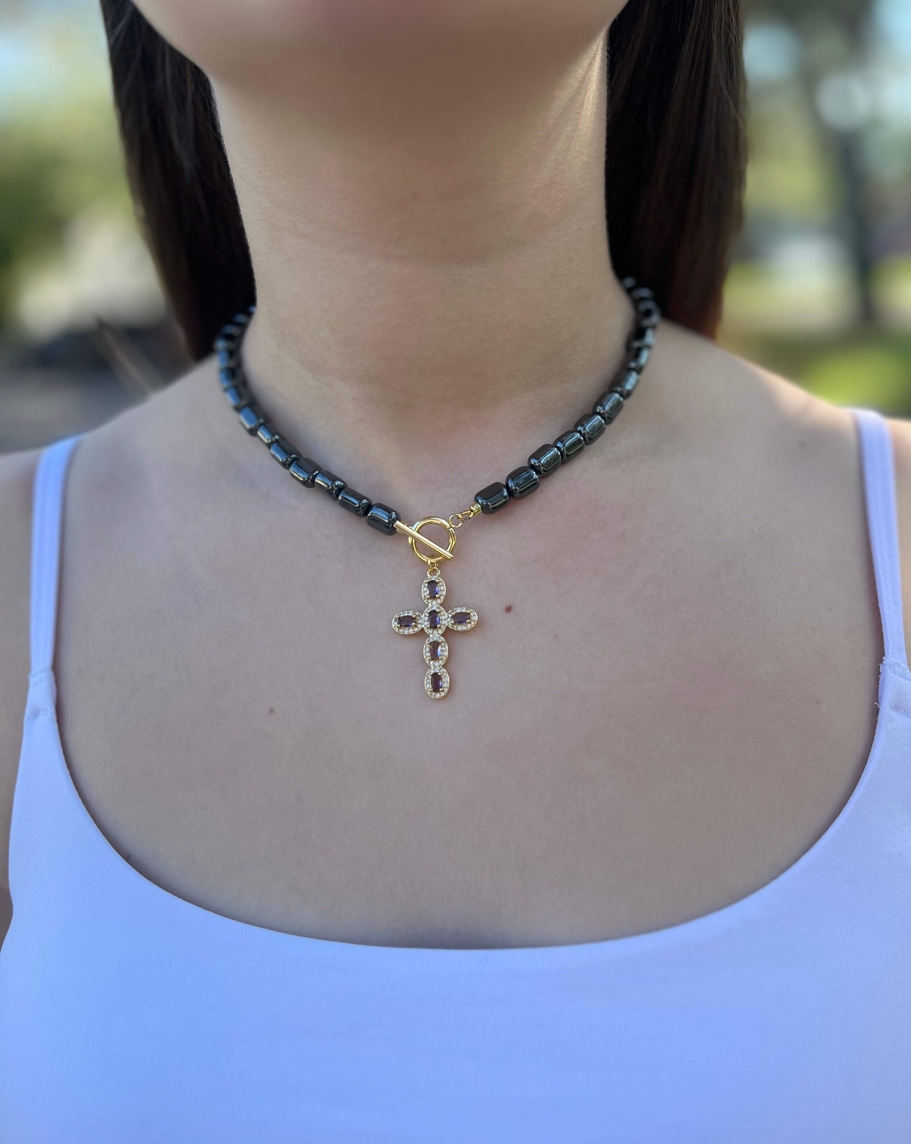 Hematite Choker Necklace with Cross pendant: 18K Gold Plated