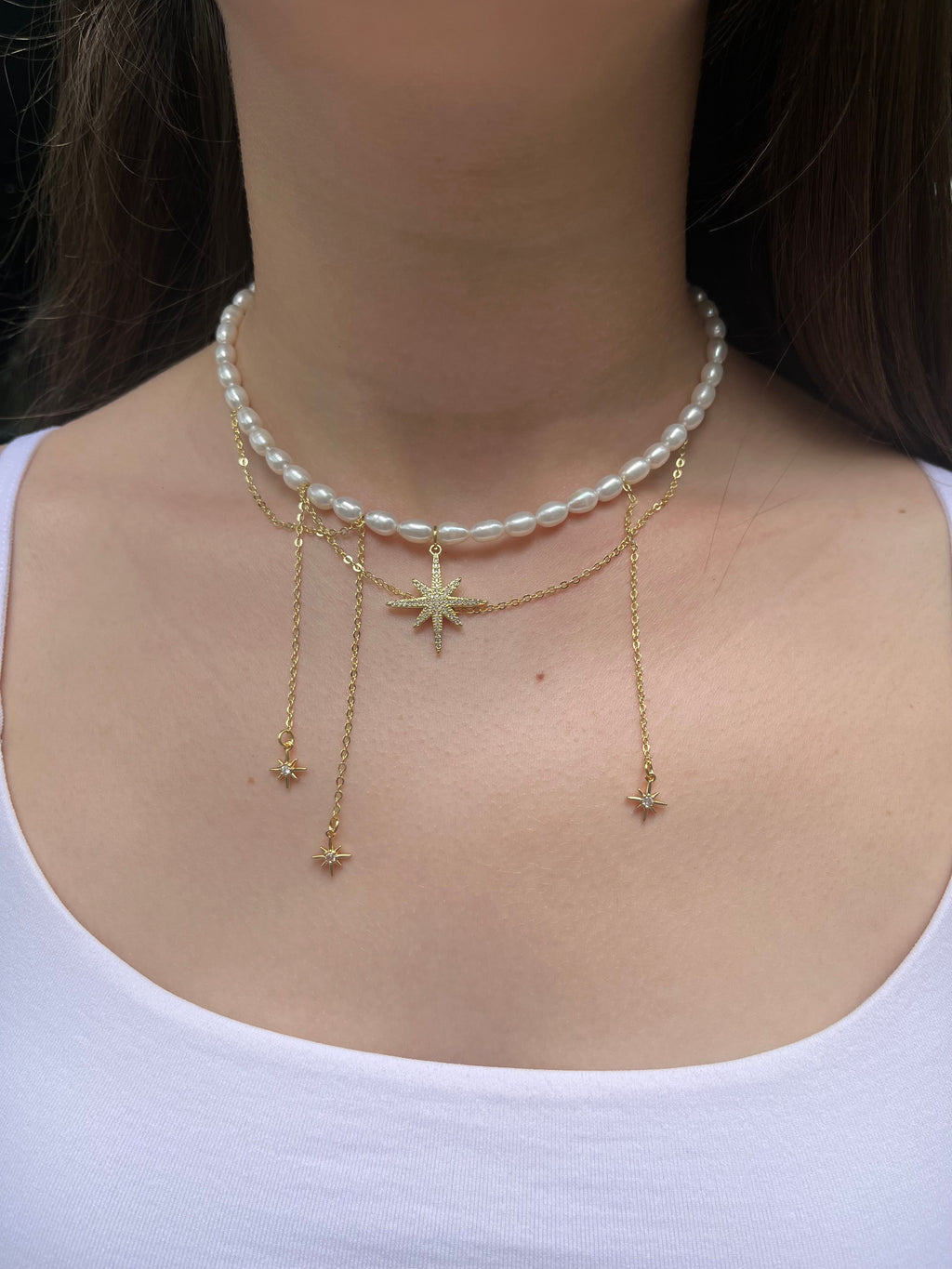 Layered Pearl Star Necklace, 18K Gold Plated
