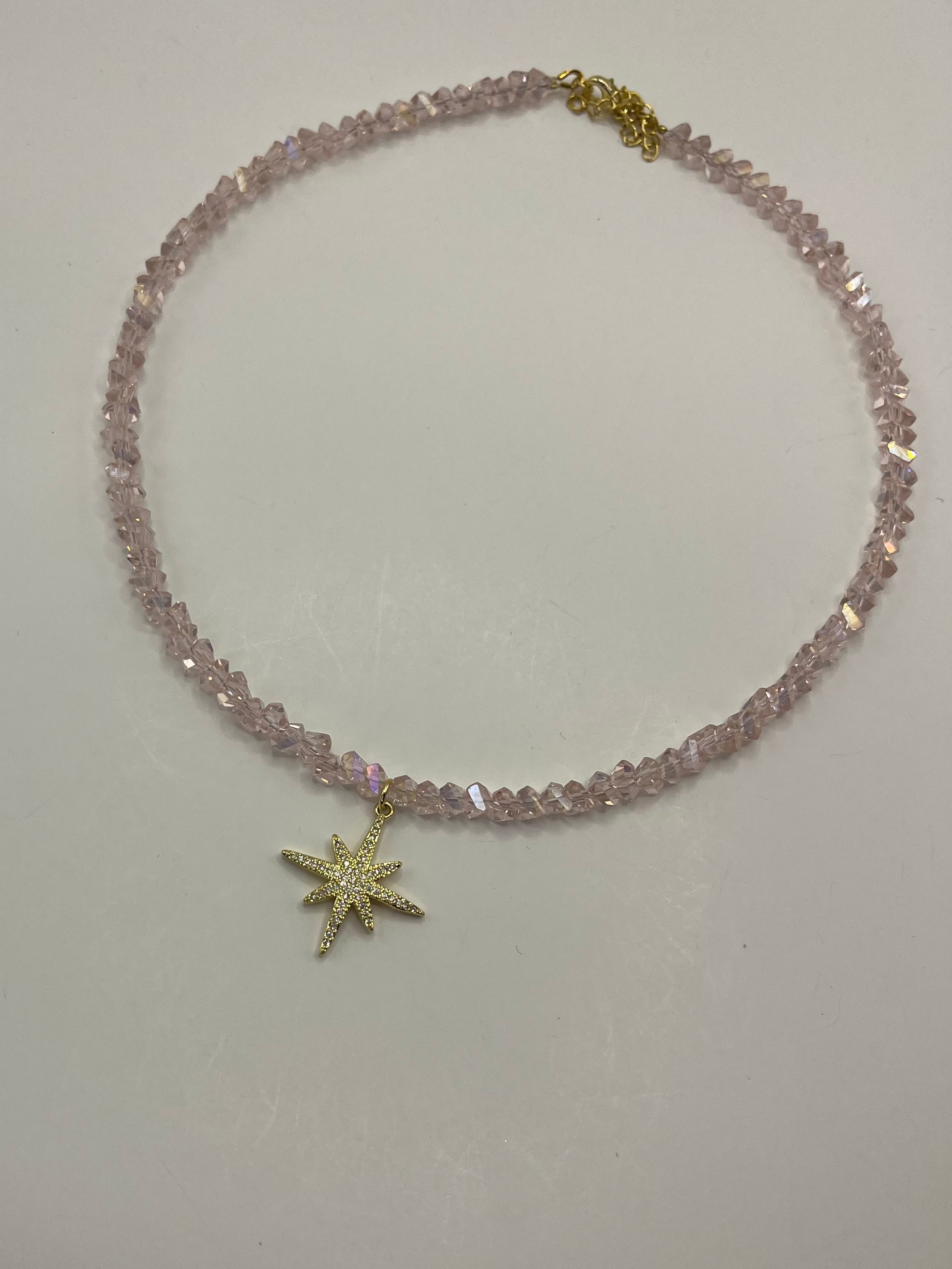 Crystal Glass Bead Choker: 18K Gold Star Pendant
