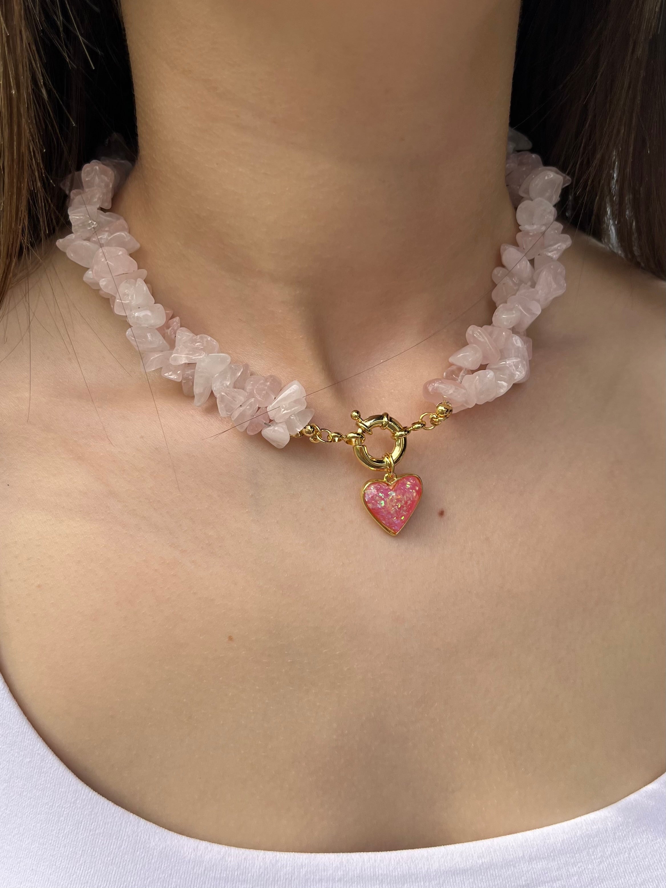 Natural Quartz Necklace with 18k gold Heart pendant