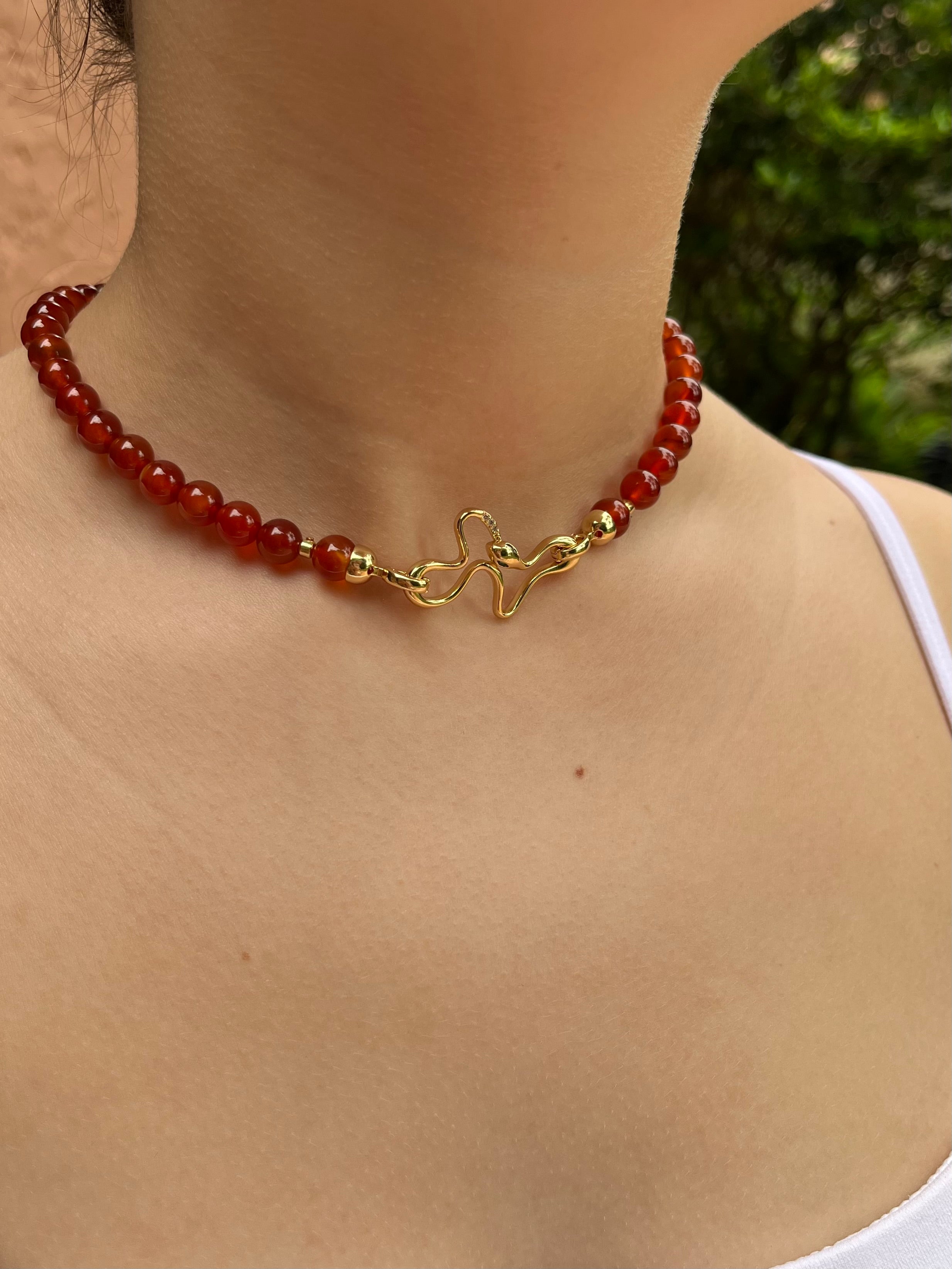 Natural Carnelian Necklace with 18K Gold Snake Clasp