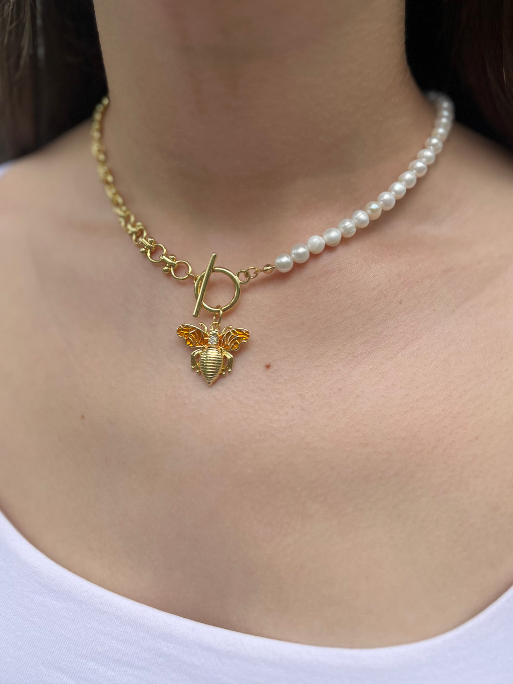 Asymmetrical Pearl Necklace with Bee Pendant, 18K Gold Plated Chain
