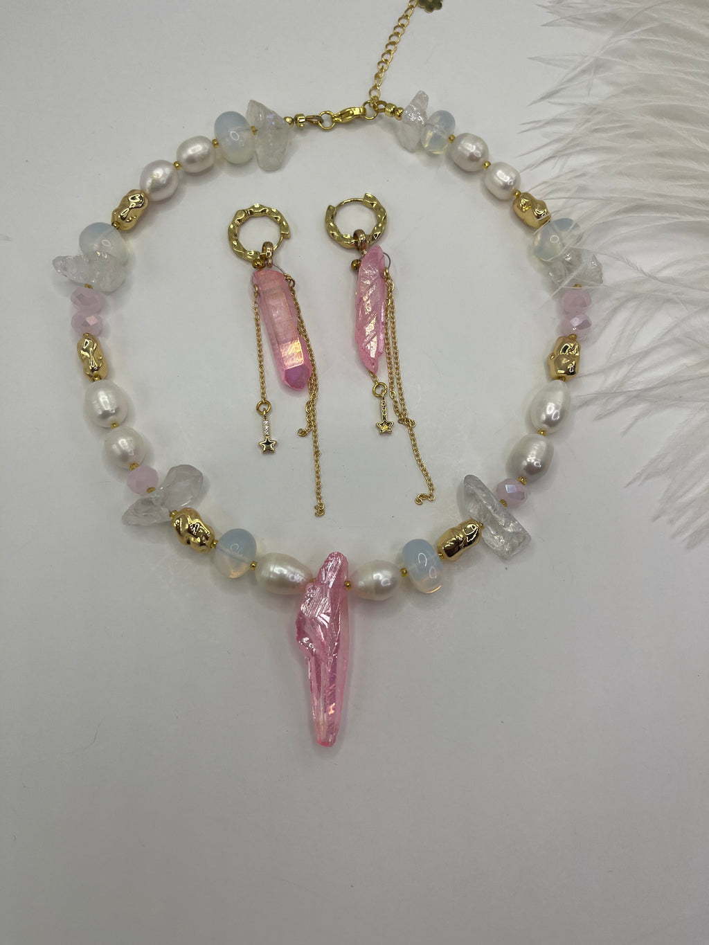 Set: Rose Quartz and Pearls Necklace and Earrings