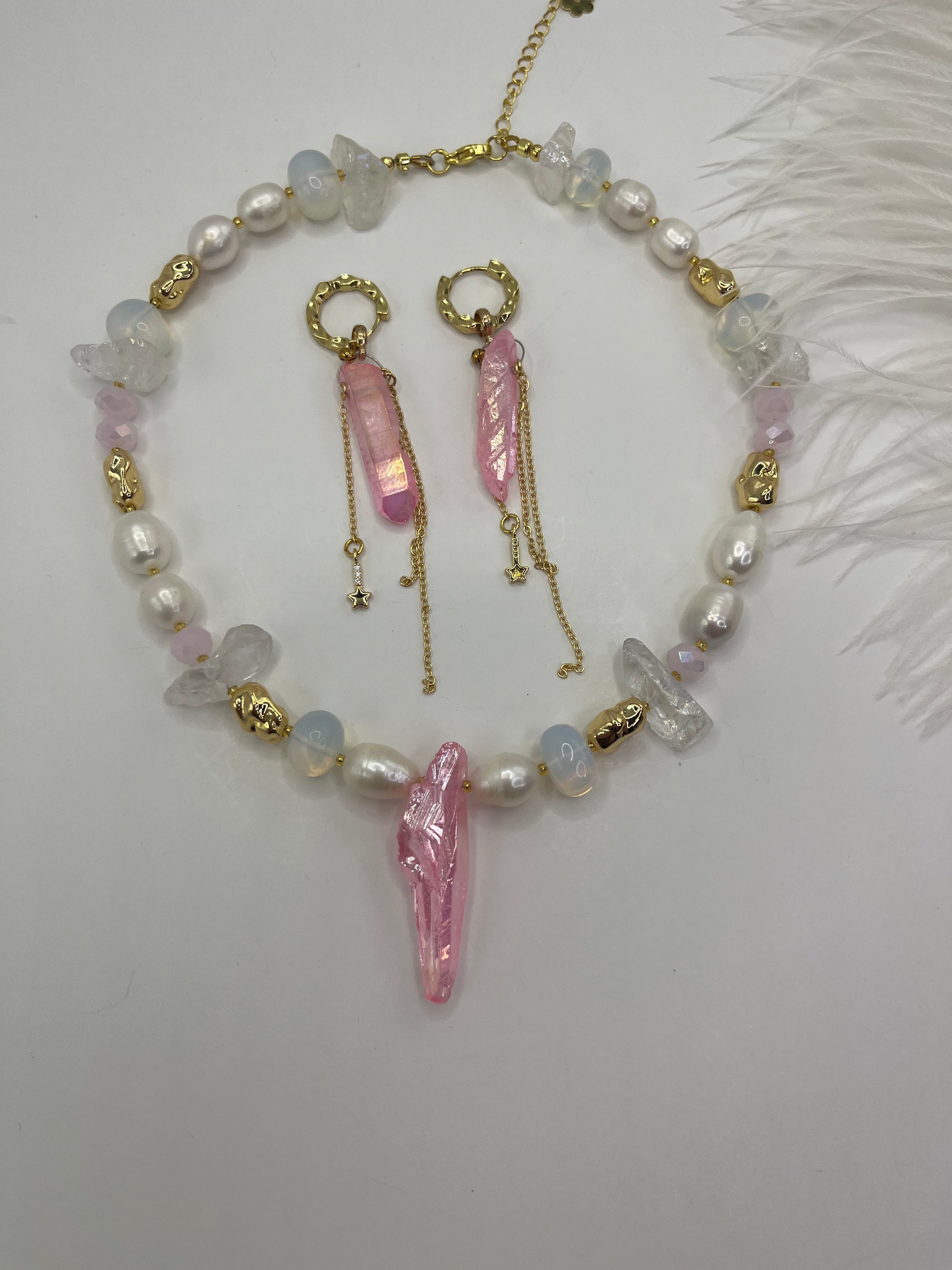 Set: Rose Quartz and Pearls Necklace and Earrings