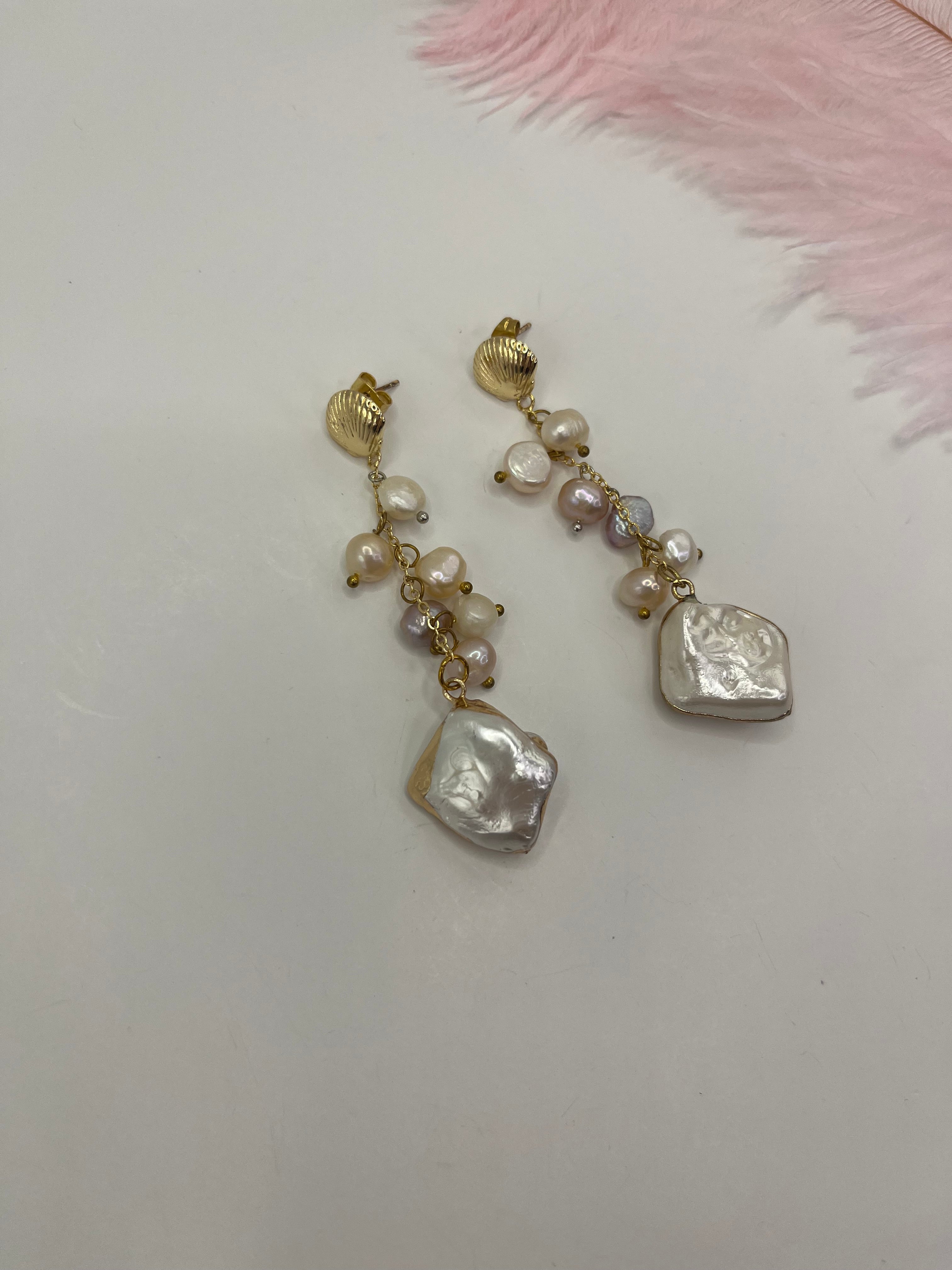 Long Natural Pearl Drop Earrings with baroque shell pendant