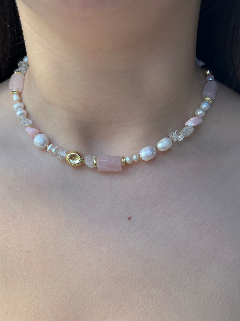 Set: Pearl and Rose Quartz Necklace and Earrings