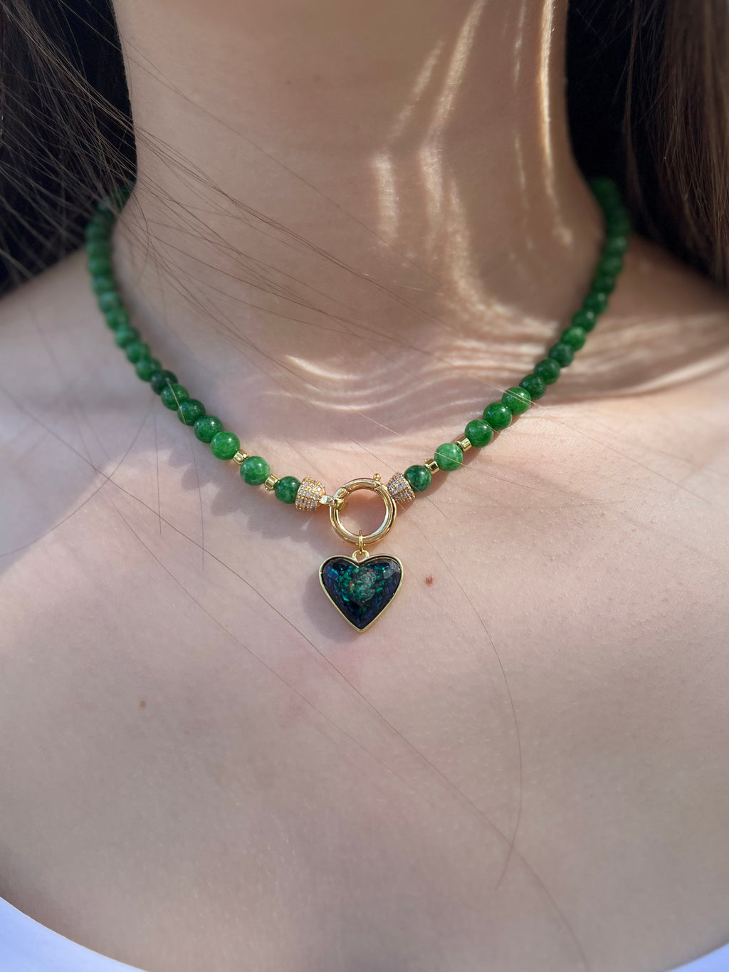 Natural Green Jade Necklace with Heart Pendant