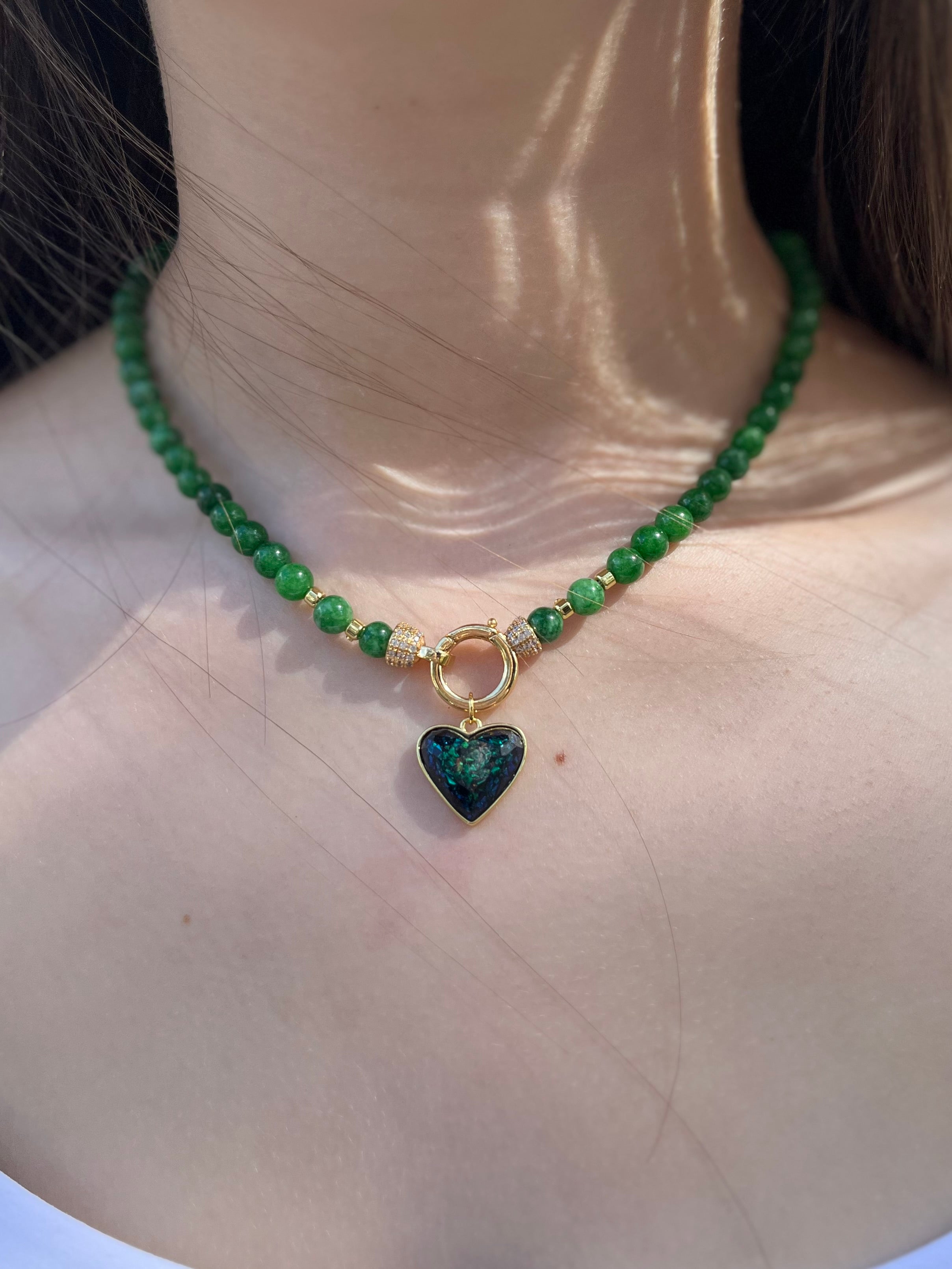 Natural Green Jade Necklace with Heart Pendant