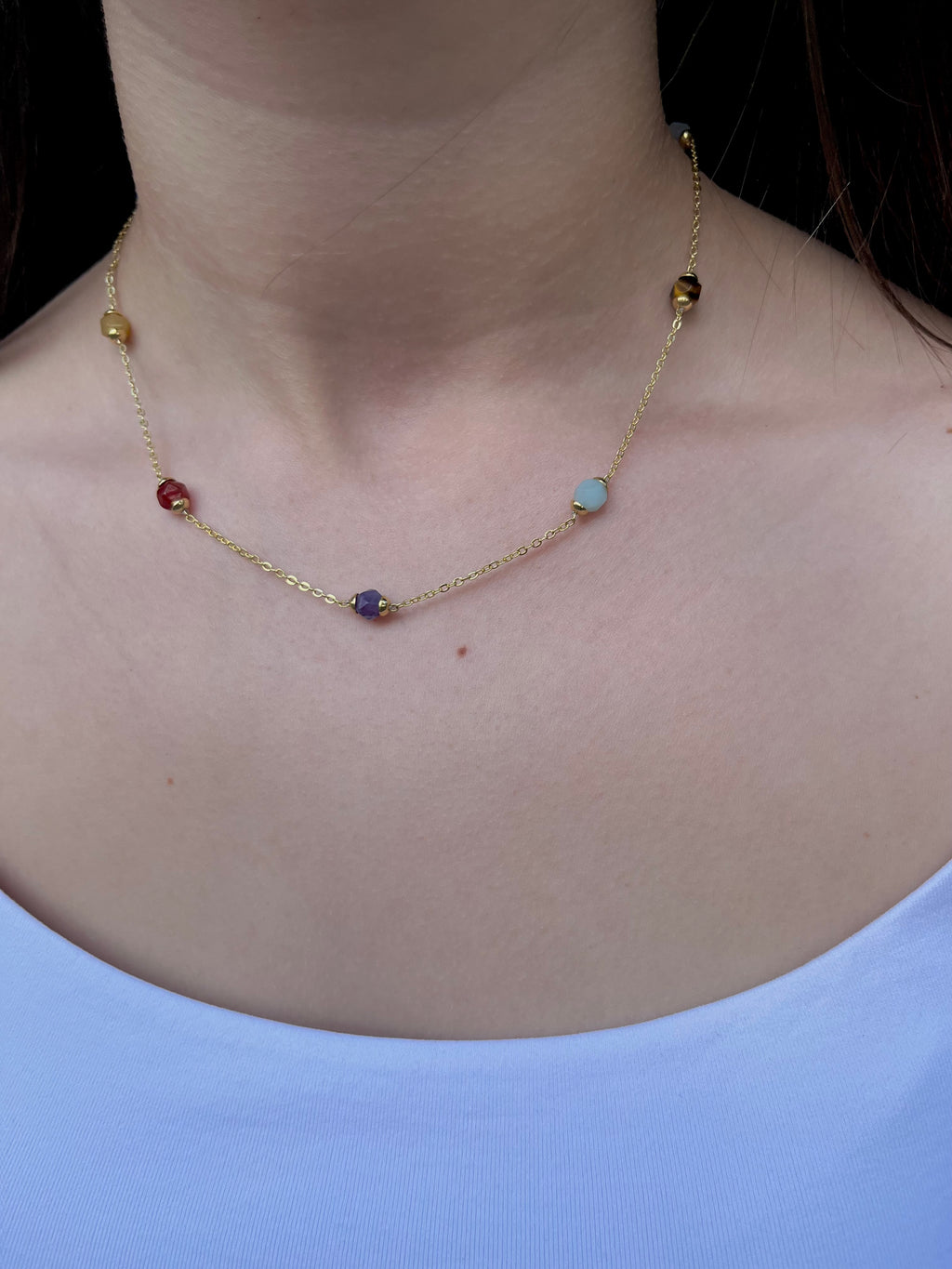 Chakra natural gemstone Necklace: tiger eye, quartz, amethyst, agate, amazonite, sodalite