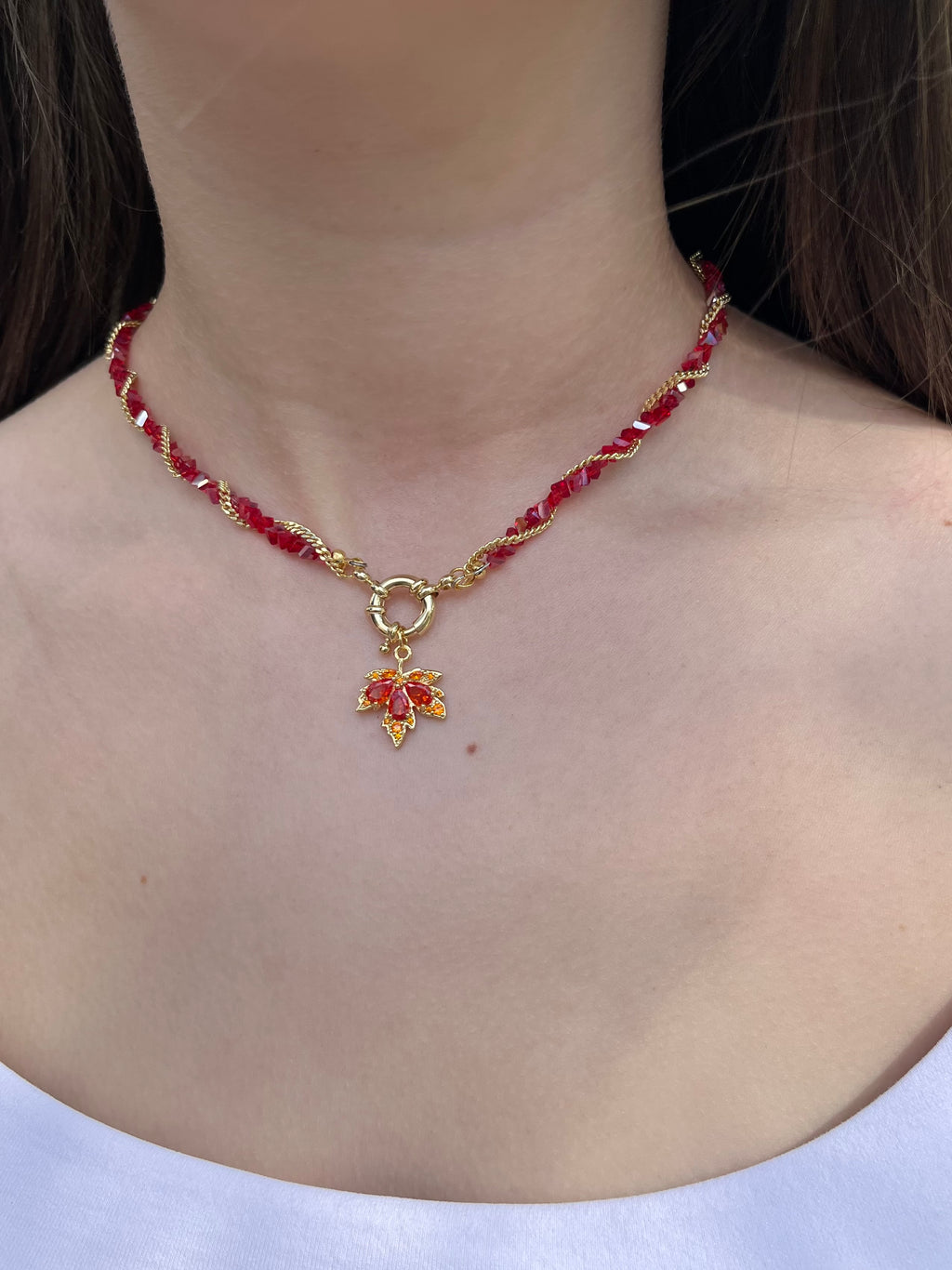 Crystal Red Necklace: 18K Gold Pendant Maple Leaf