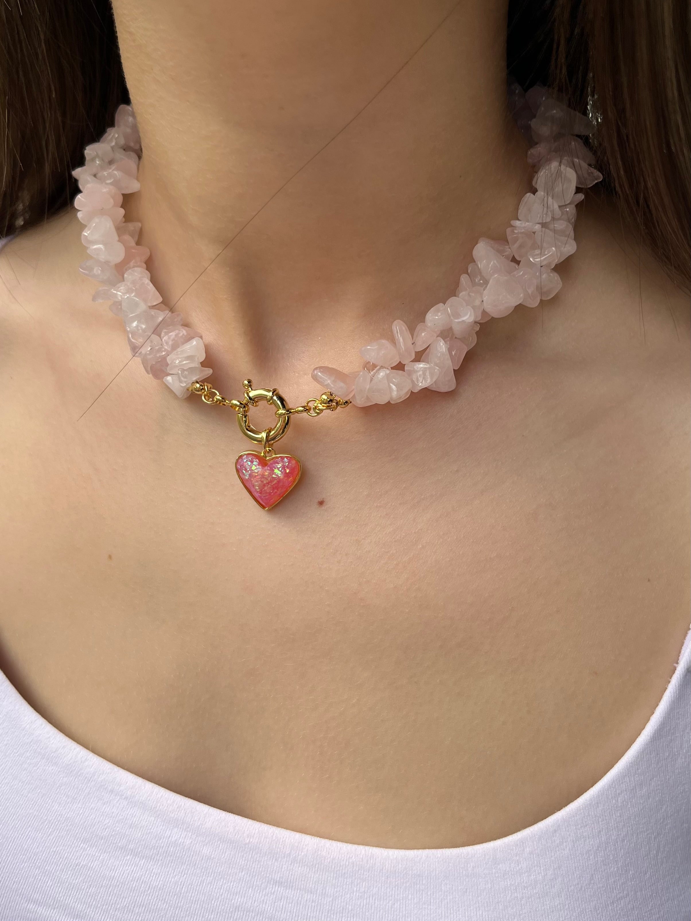 Natural Quartz Necklace with 18k gold Heart pendant
